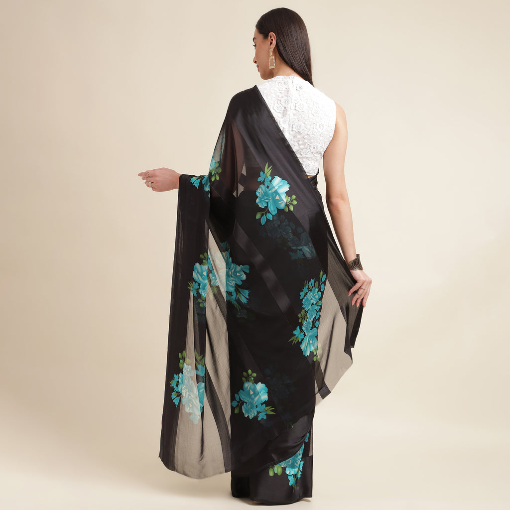 Green Floral Printed Georgette Saree With Sequin Border And Unstitched Blouse