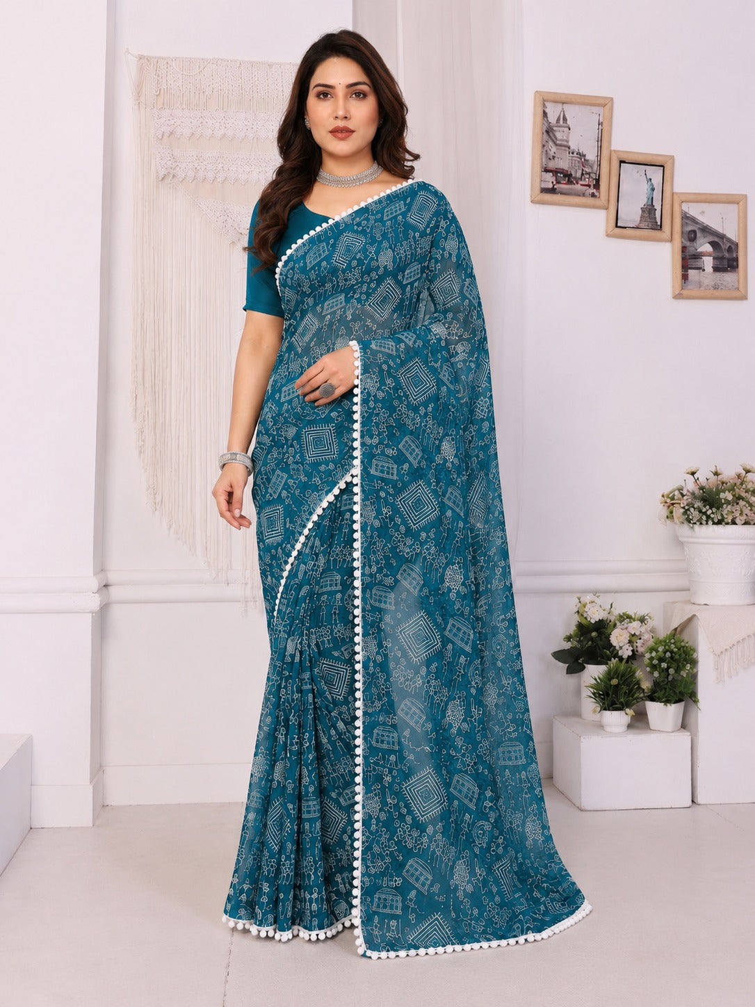Teal Tribal Print Saree with White Pom-Pom Lace Border