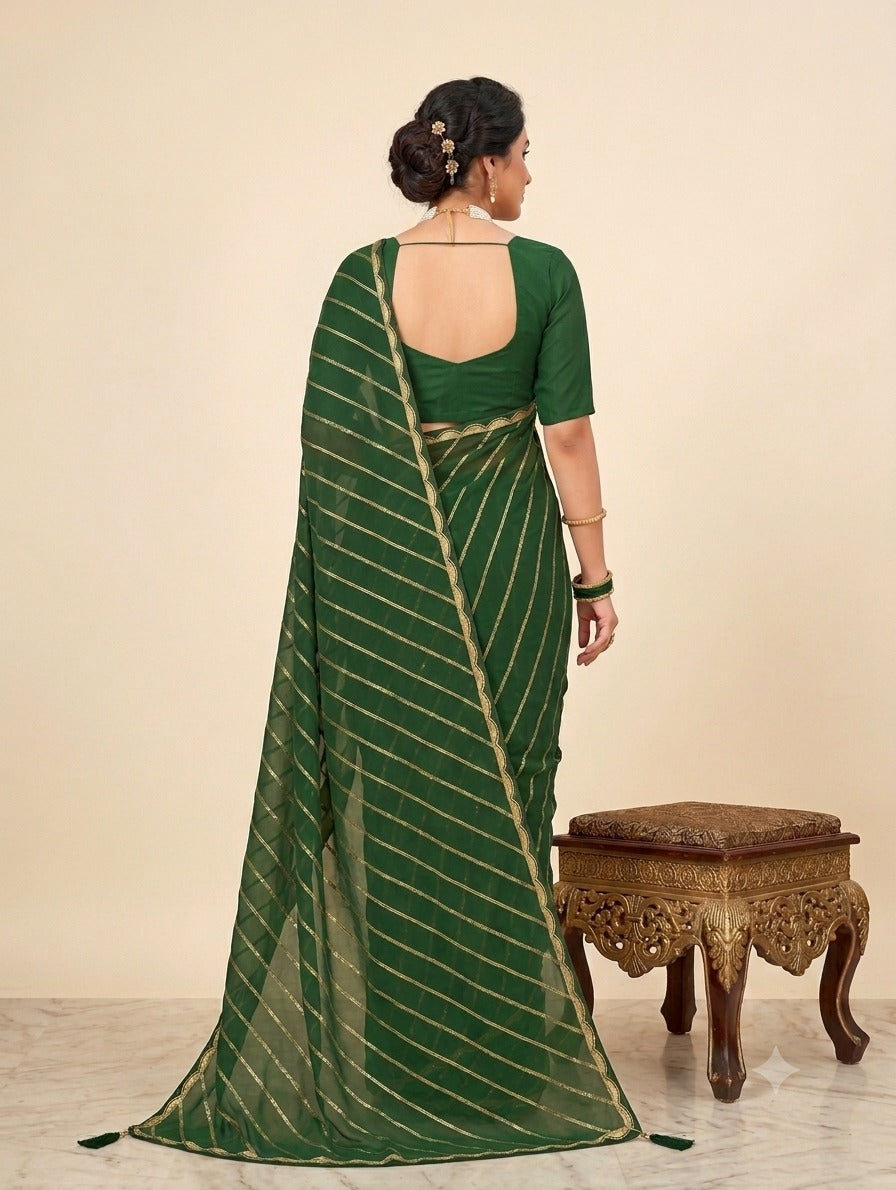 Green Saree with Golden Stripe Design