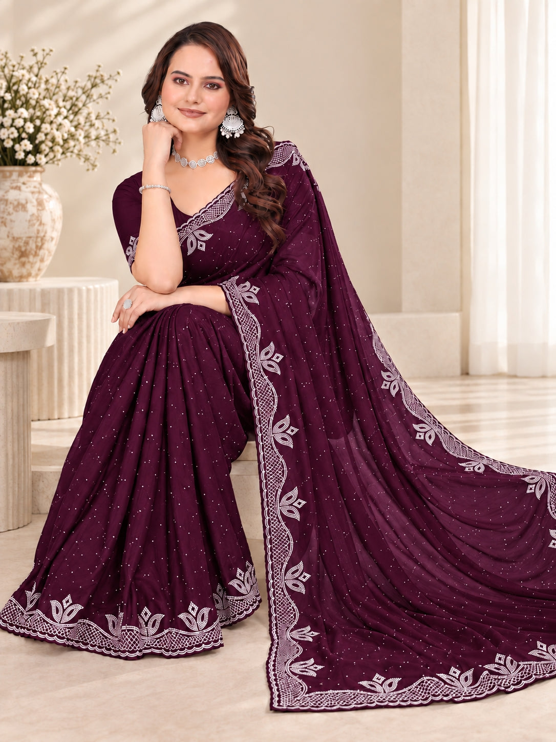 Purple Stone Work Georgette Saree with Embroidered Lace Border