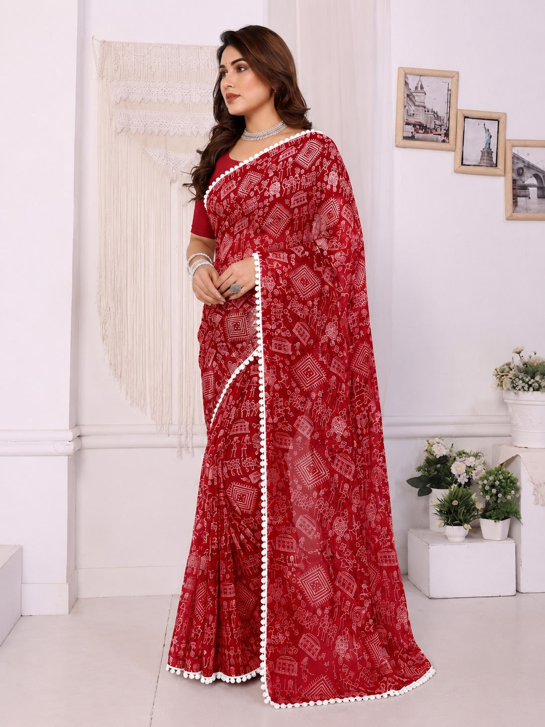 Red Tribal Print Saree with White Pom-Pom Lace Border
