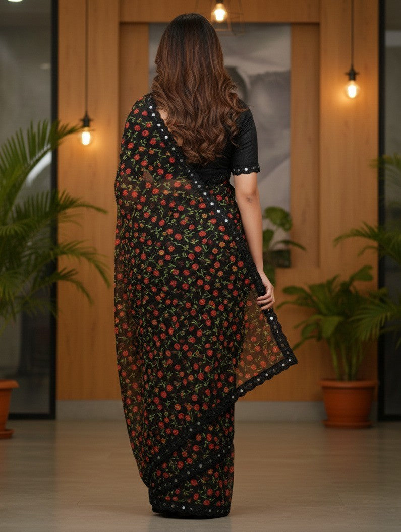 Black Floral Printed Saree with Sequin Border