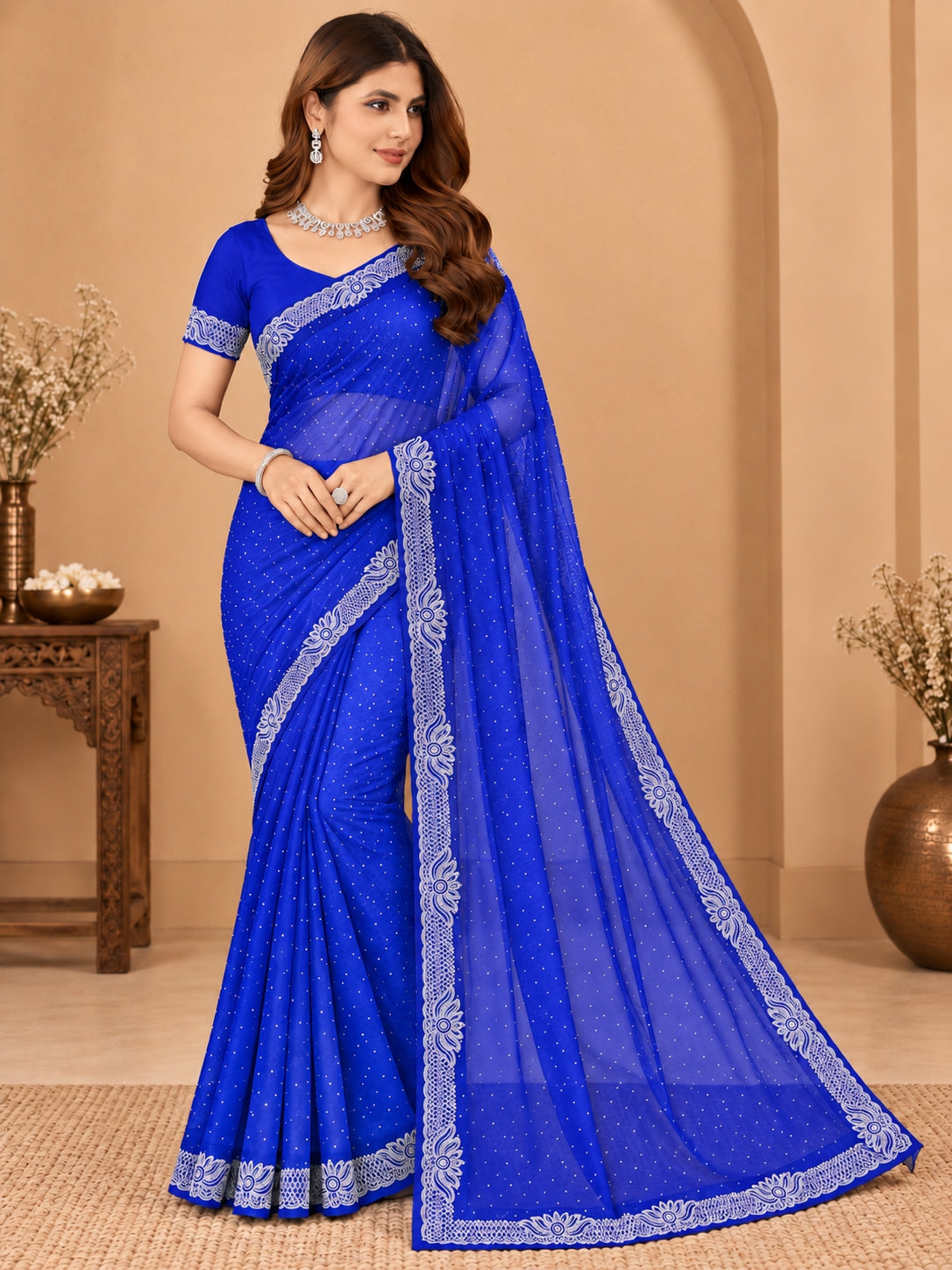 Women's Royal blue Stone Work Saree with Floral Lace Border