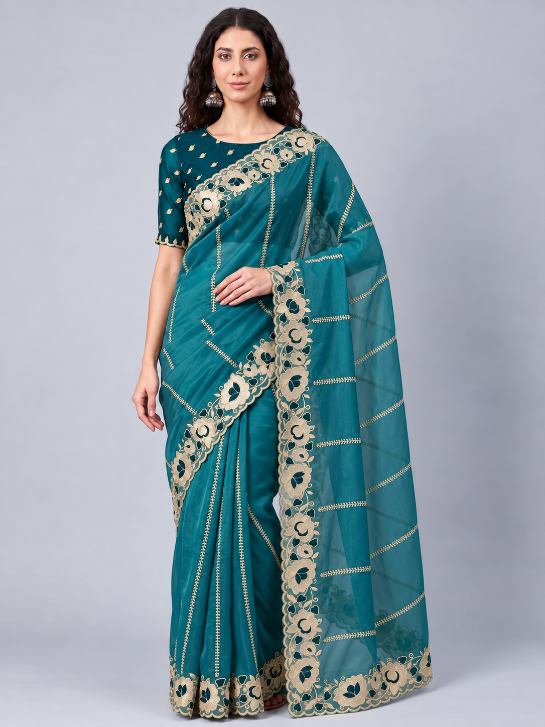 Zegoom Teal Satin Silk Saree with Floral Embroidery & Scalloped Border