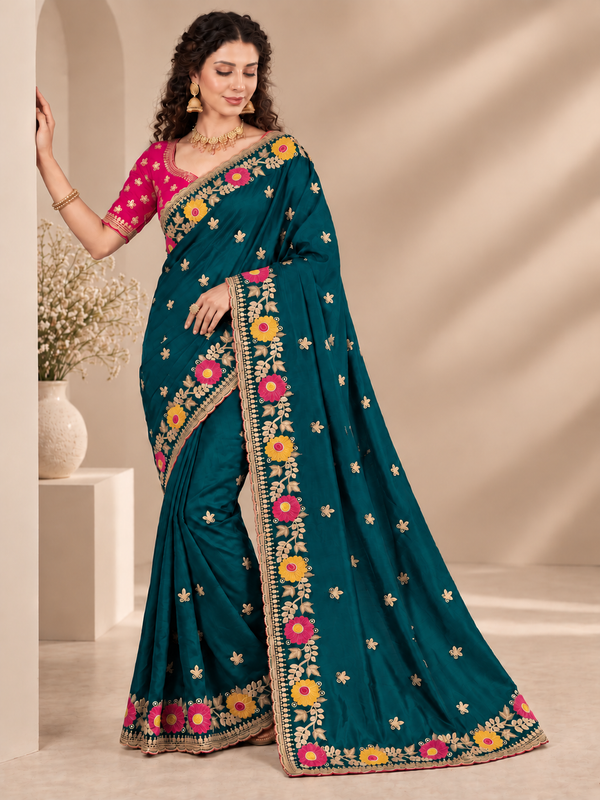 Designer Teal Floral Embroidered Saree with Fancy Border Work