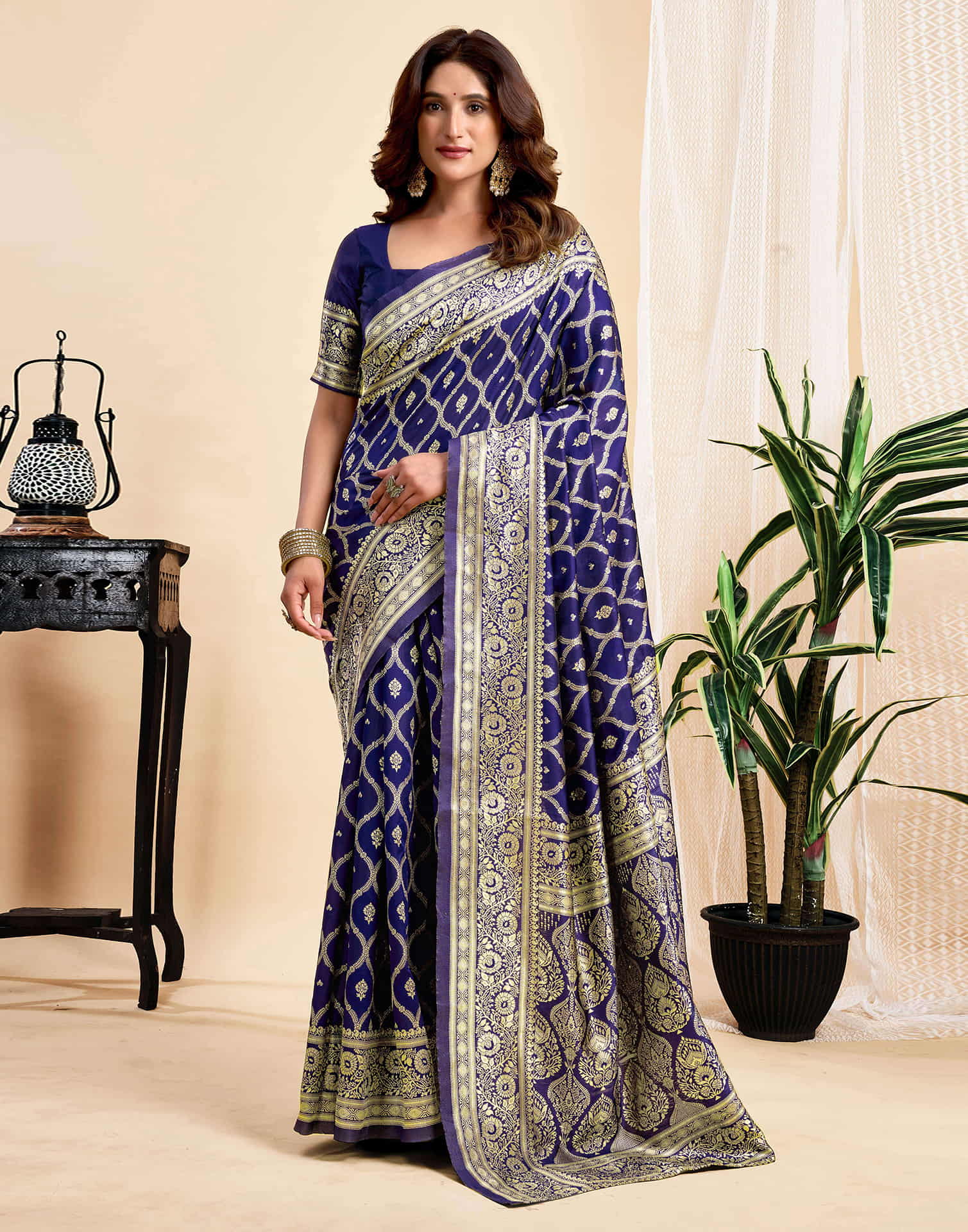 Navy Blue Jaal Silk Woven Banarasi Saree