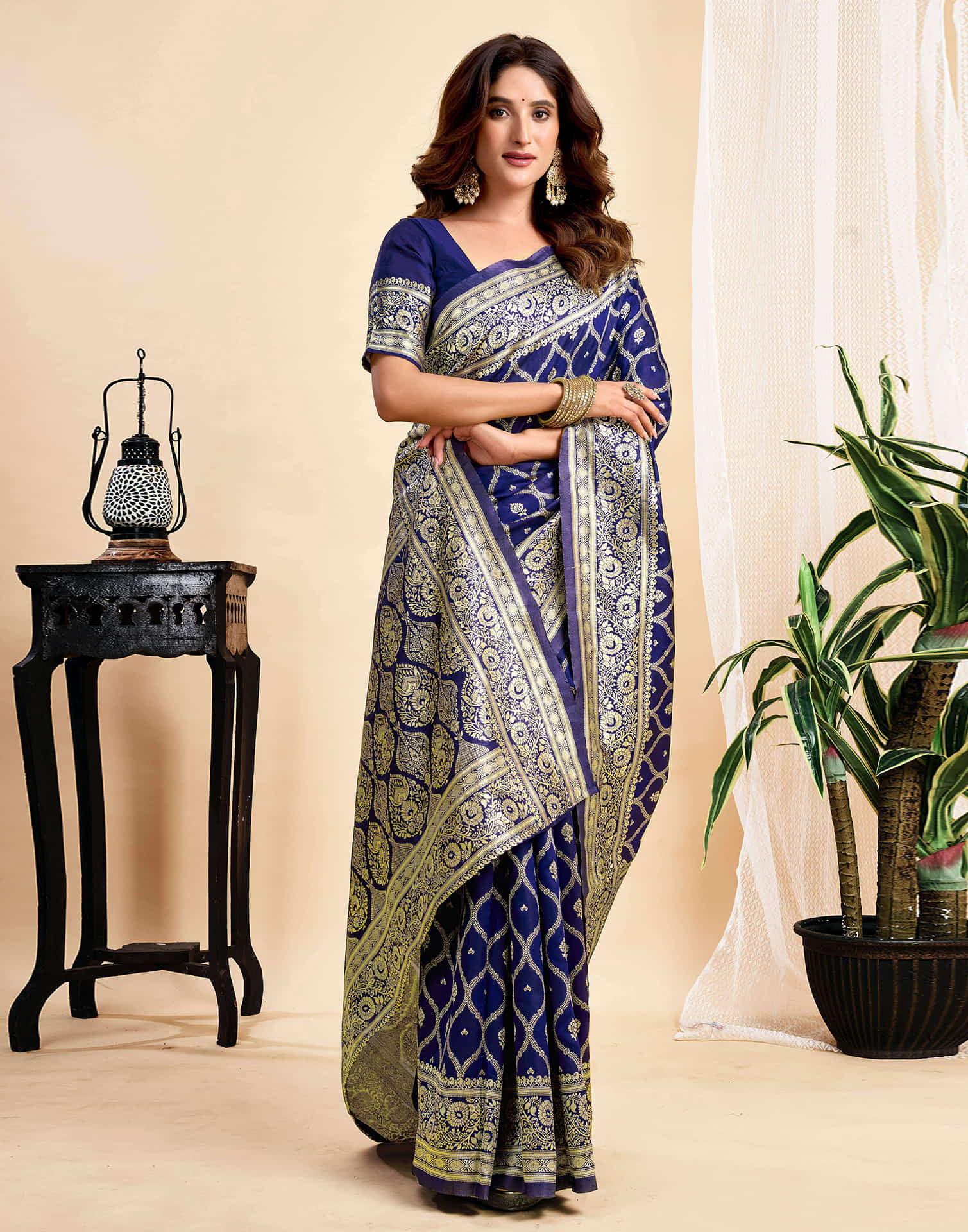 Navy Blue Jaal Silk Woven Banarasi Saree