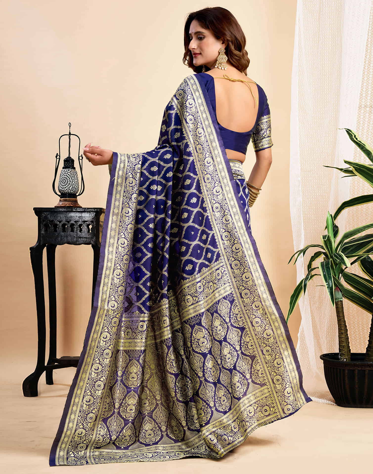 Navy Blue Jaal Silk Woven Banarasi Saree