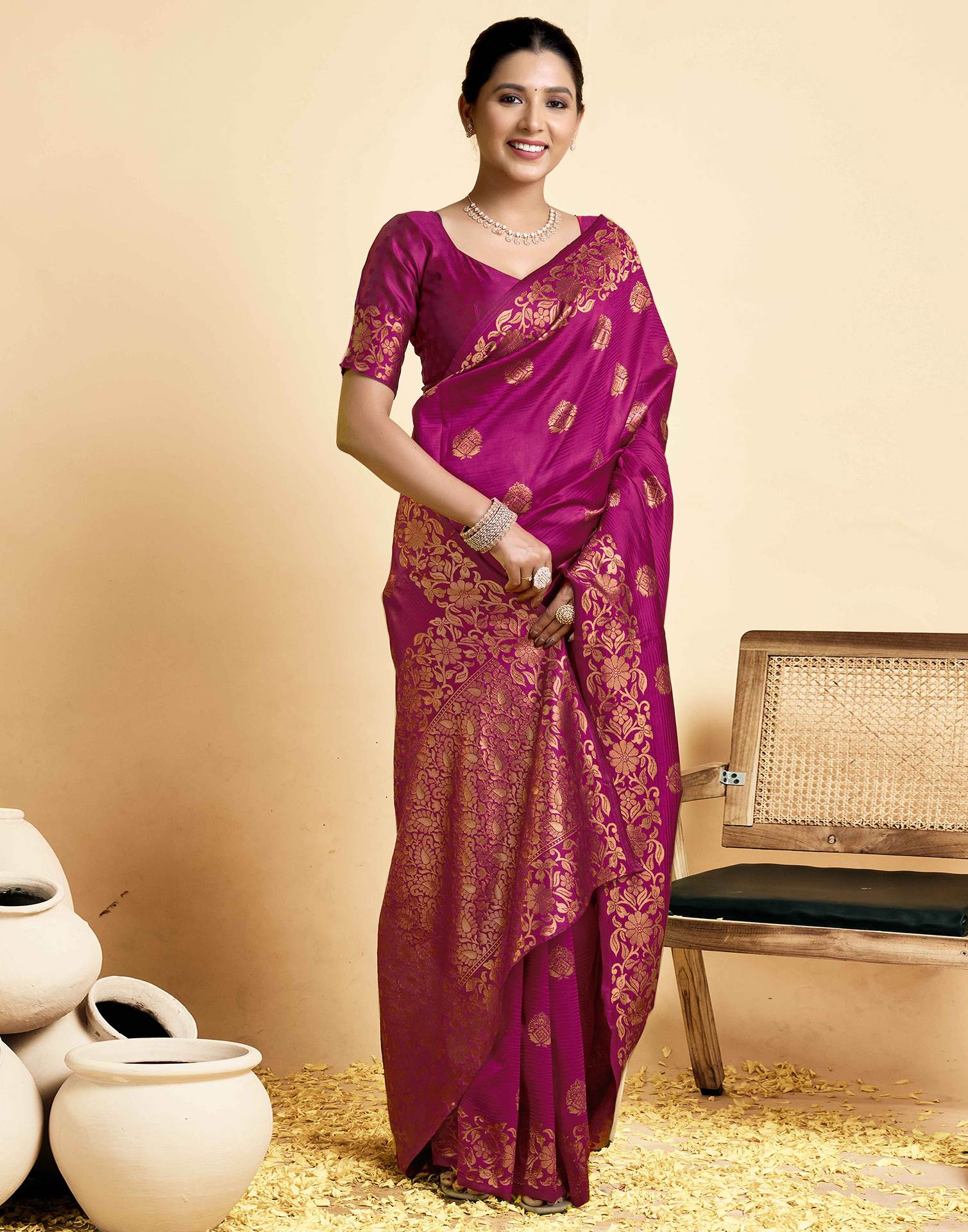 Magenta Floral Silk Woven Banarasi Saree