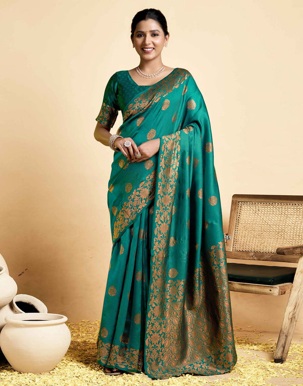 Teal Green Floral Silk Woven Banarasi Saree