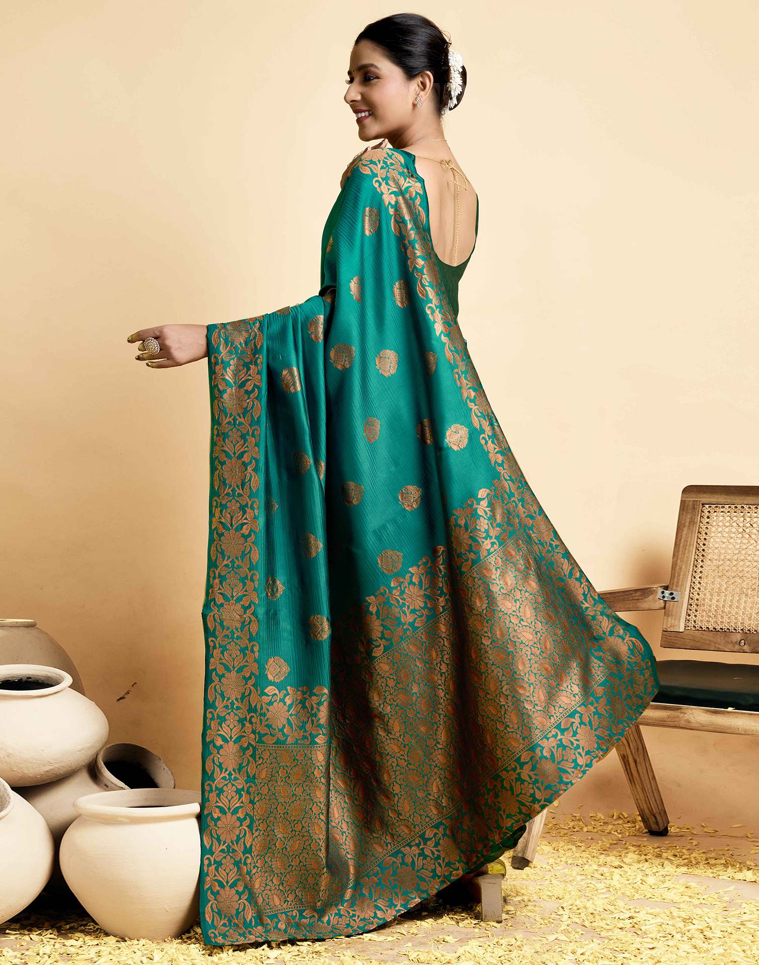 Teal Green Floral Silk Woven Banarasi Saree