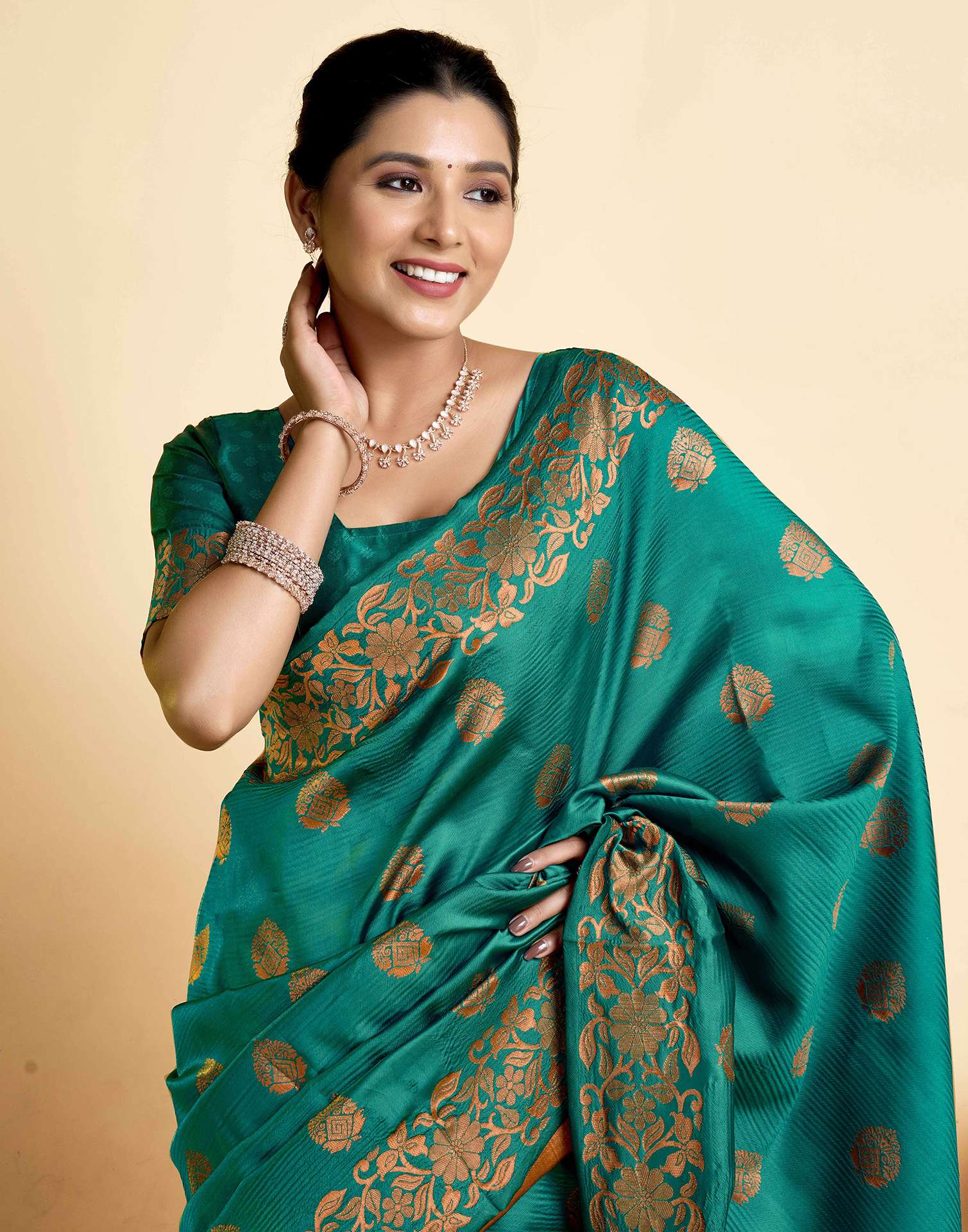 Teal Green Floral Silk Woven Banarasi Saree
