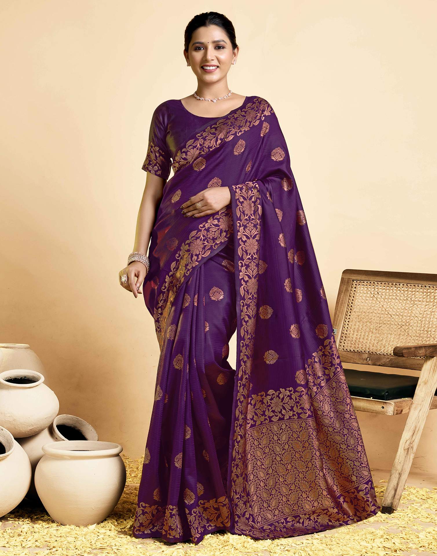 Wine  Floral Silk Woven Banarasi Saree