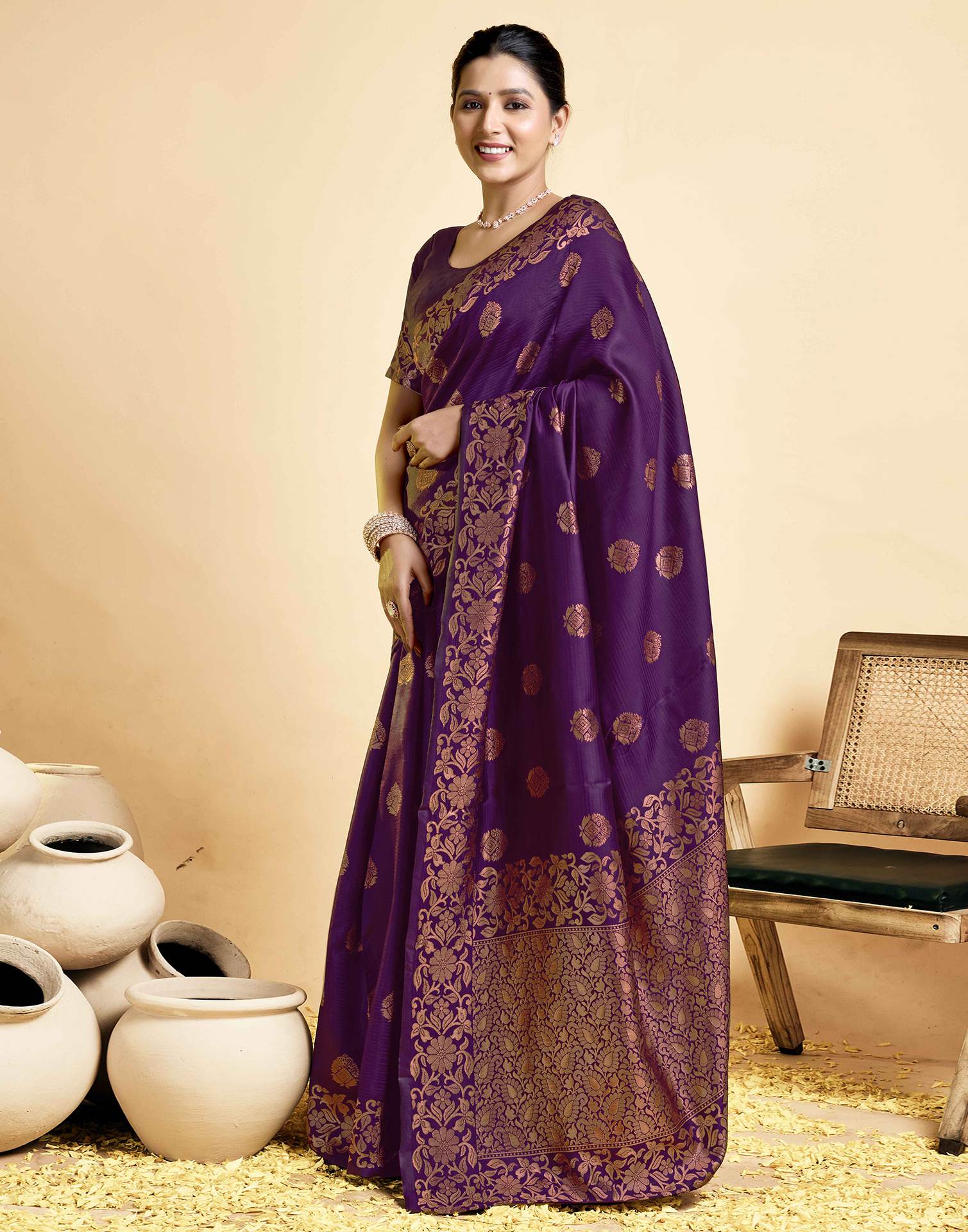 Wine  Floral Silk Woven Banarasi Saree