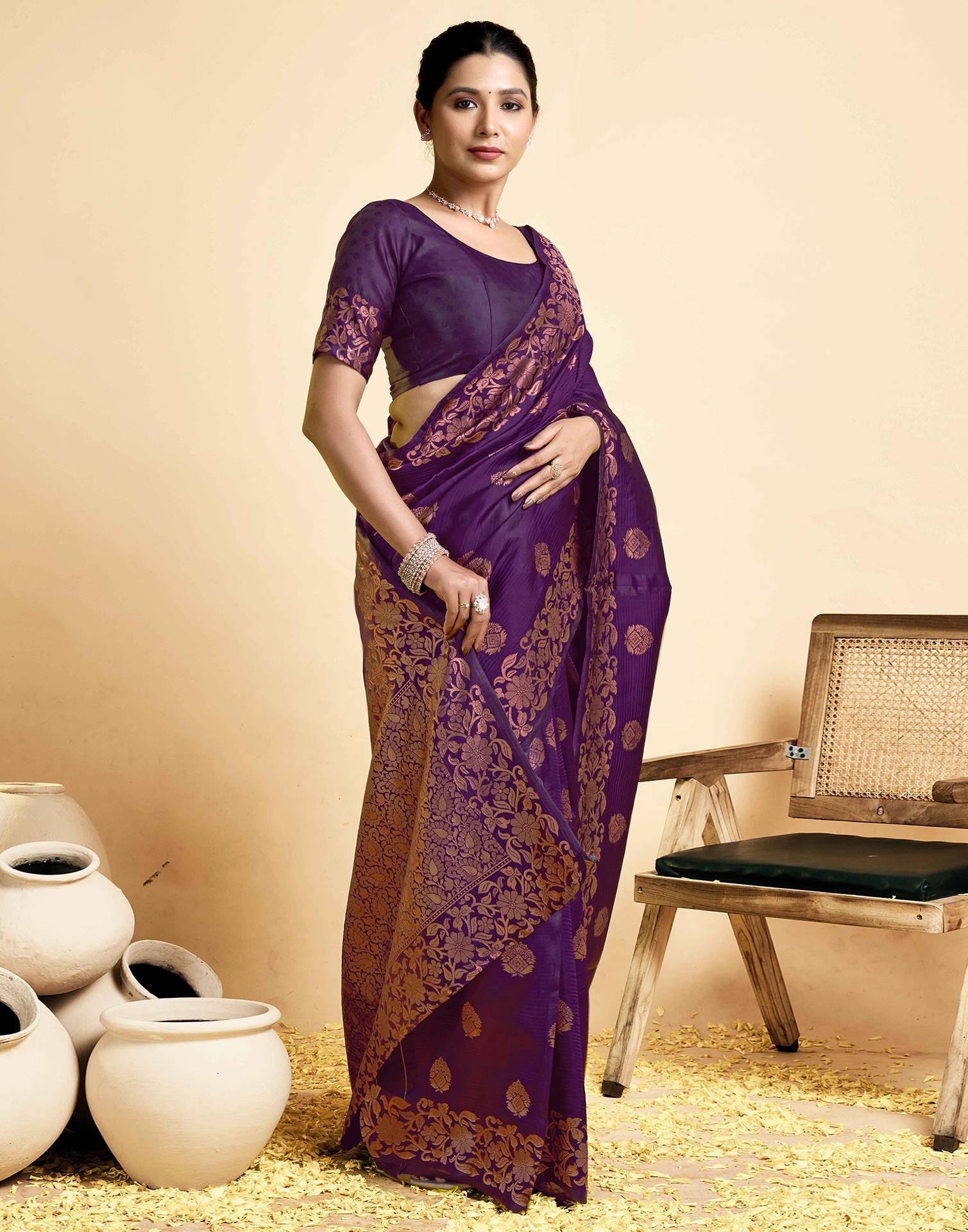 Wine  Floral Silk Woven Banarasi Saree