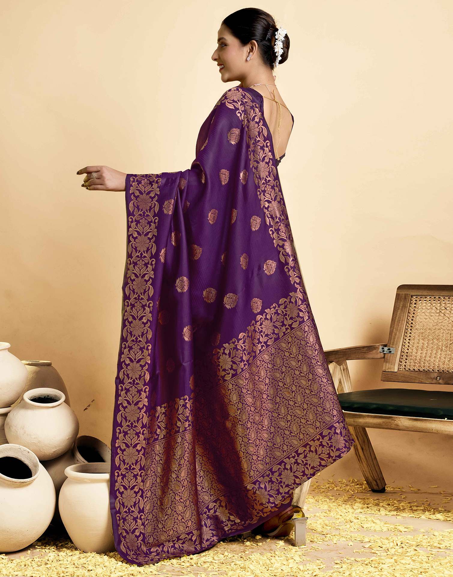 Wine  Floral Silk Woven Banarasi Saree
