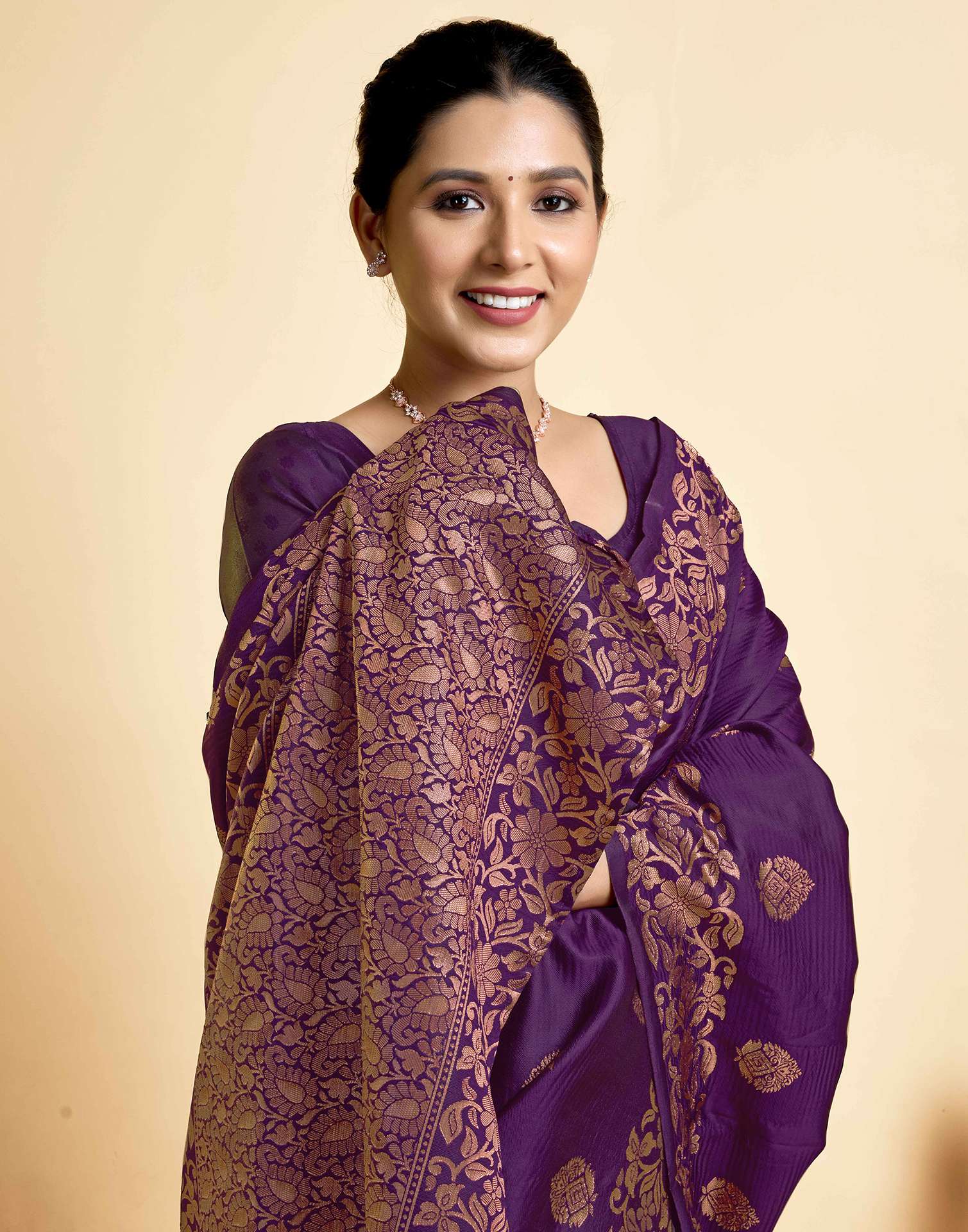 Wine  Floral Silk Woven Banarasi Saree