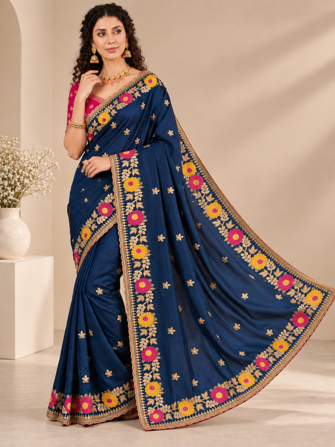 Designer Navy Blue Floral Embroidered Saree with Fancy Border Work