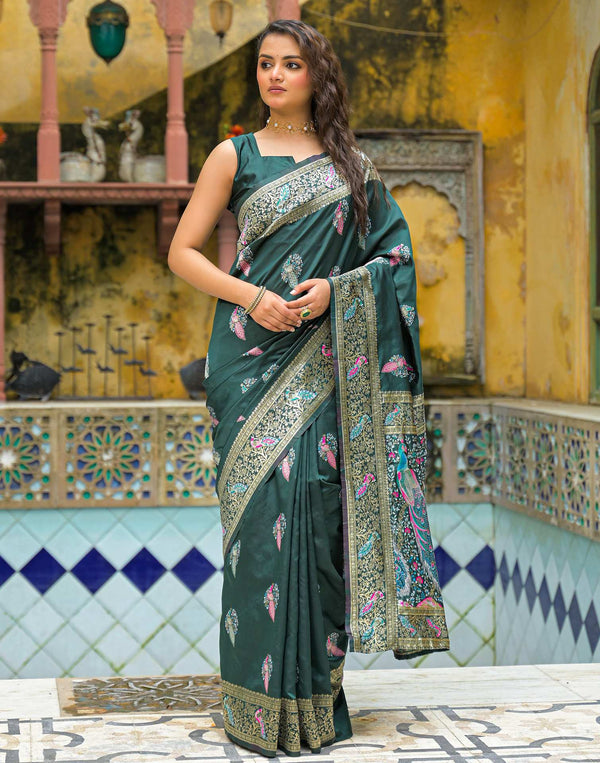 Bottle Green Mor Silk Woven Banarasi Saree