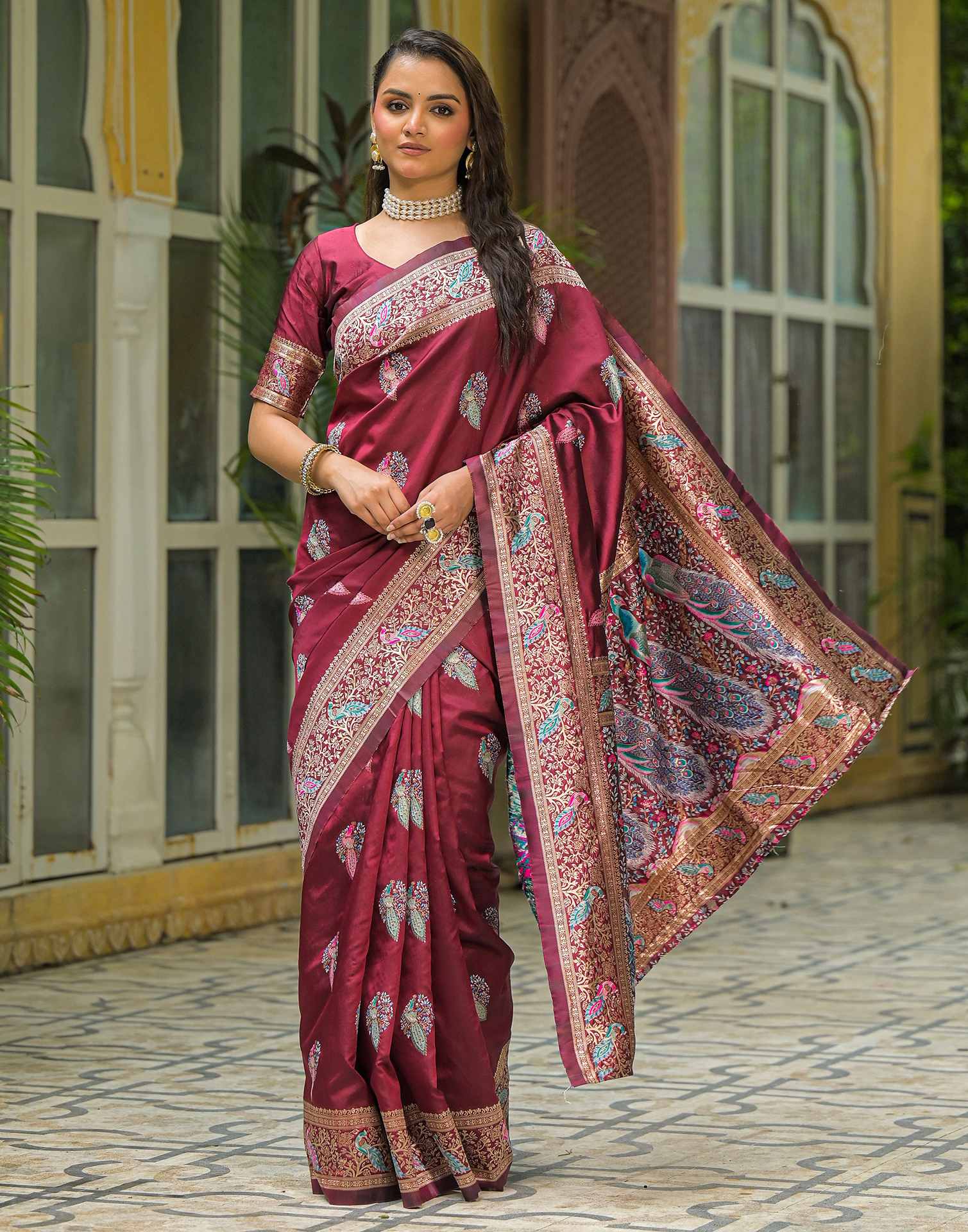Maroon Mor Silk Woven Banarasi Saree
