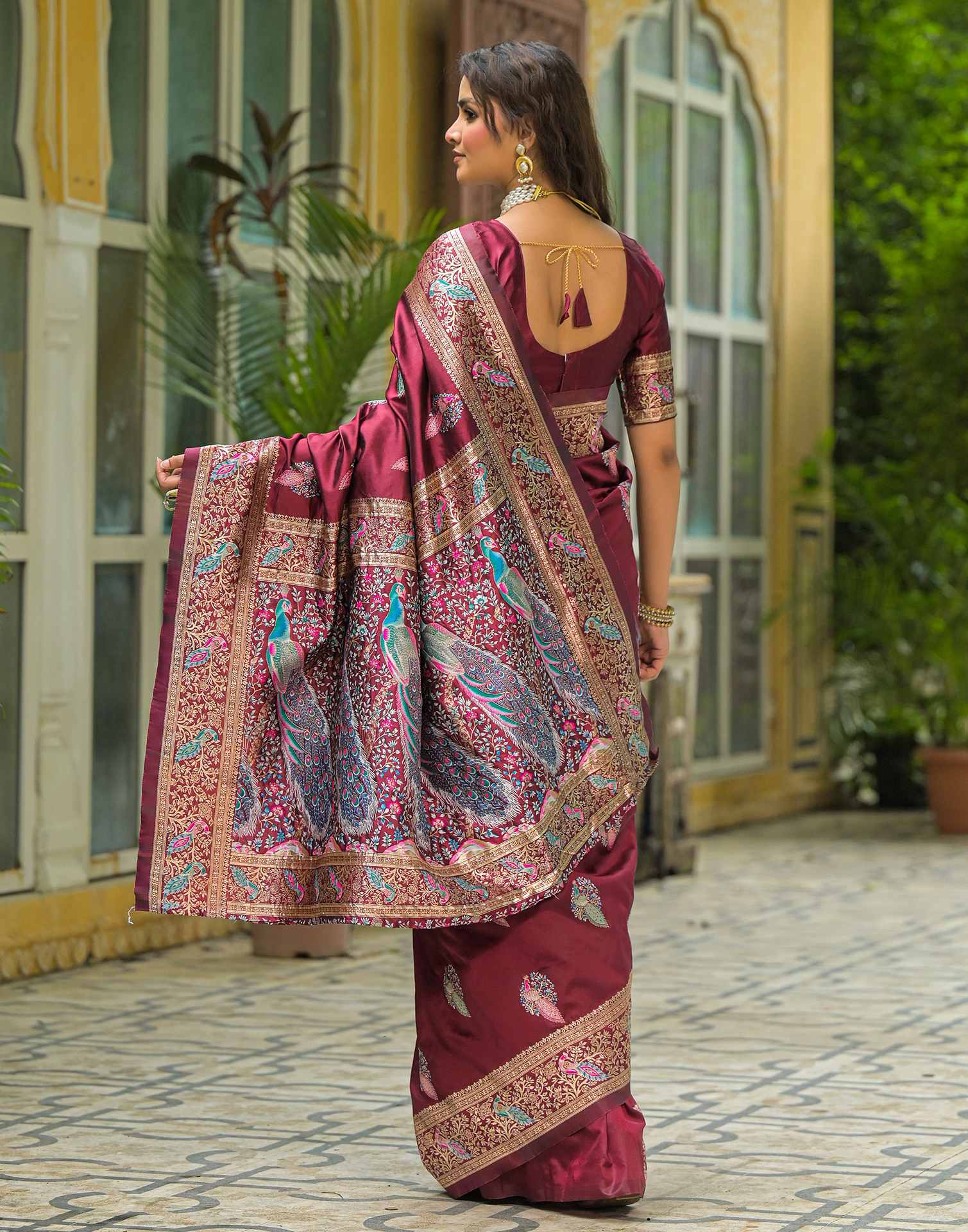 Maroon Mor Silk Woven Banarasi Saree