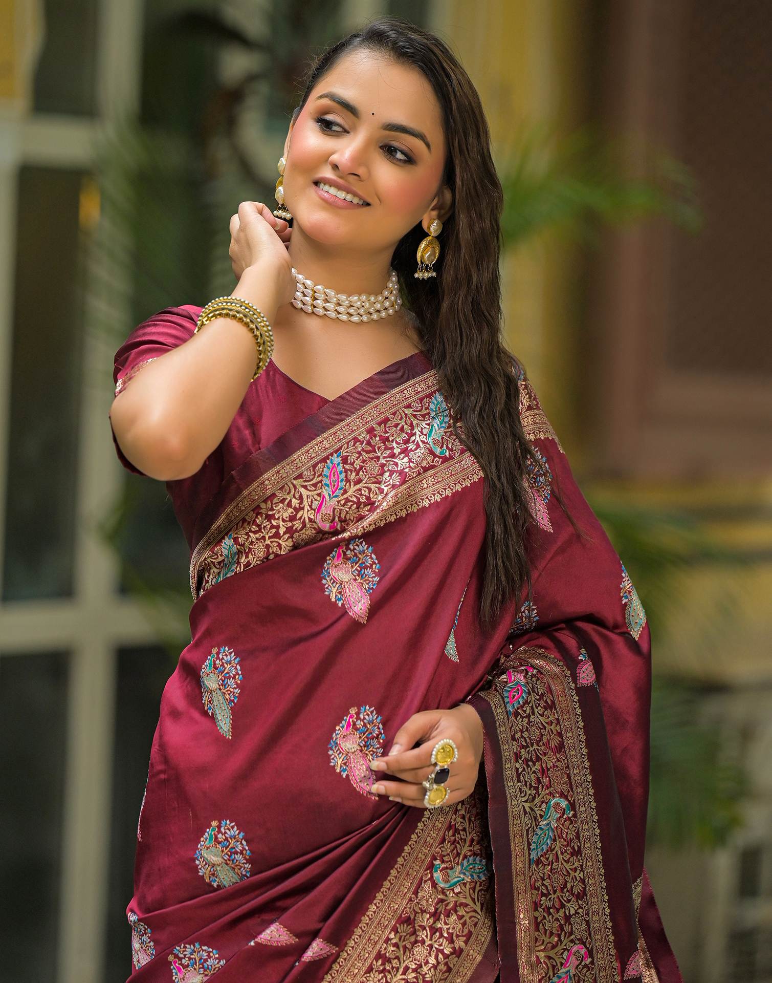 Maroon Mor Silk Woven Banarasi Saree