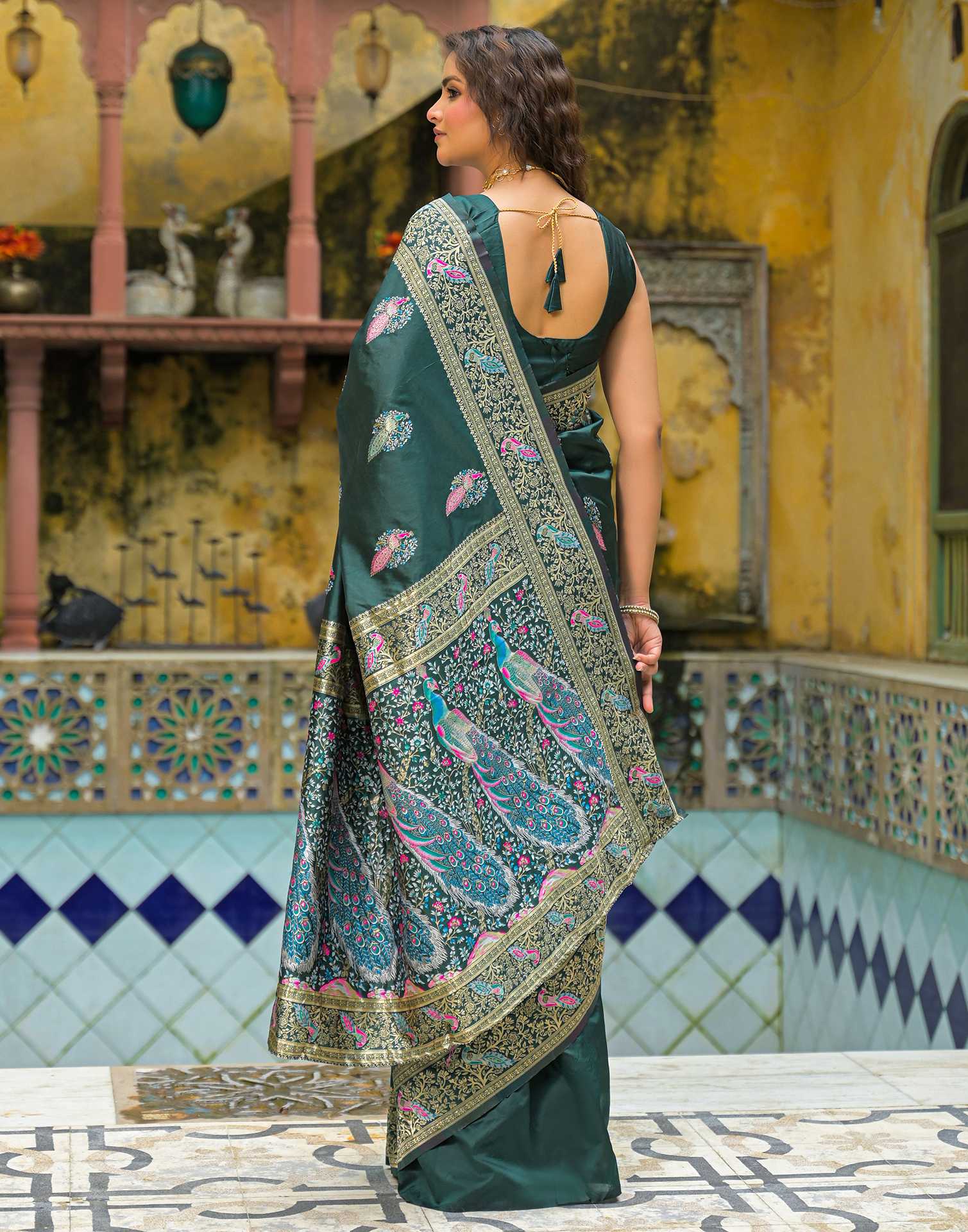 Bottle Green Mor Silk Woven Banarasi Saree