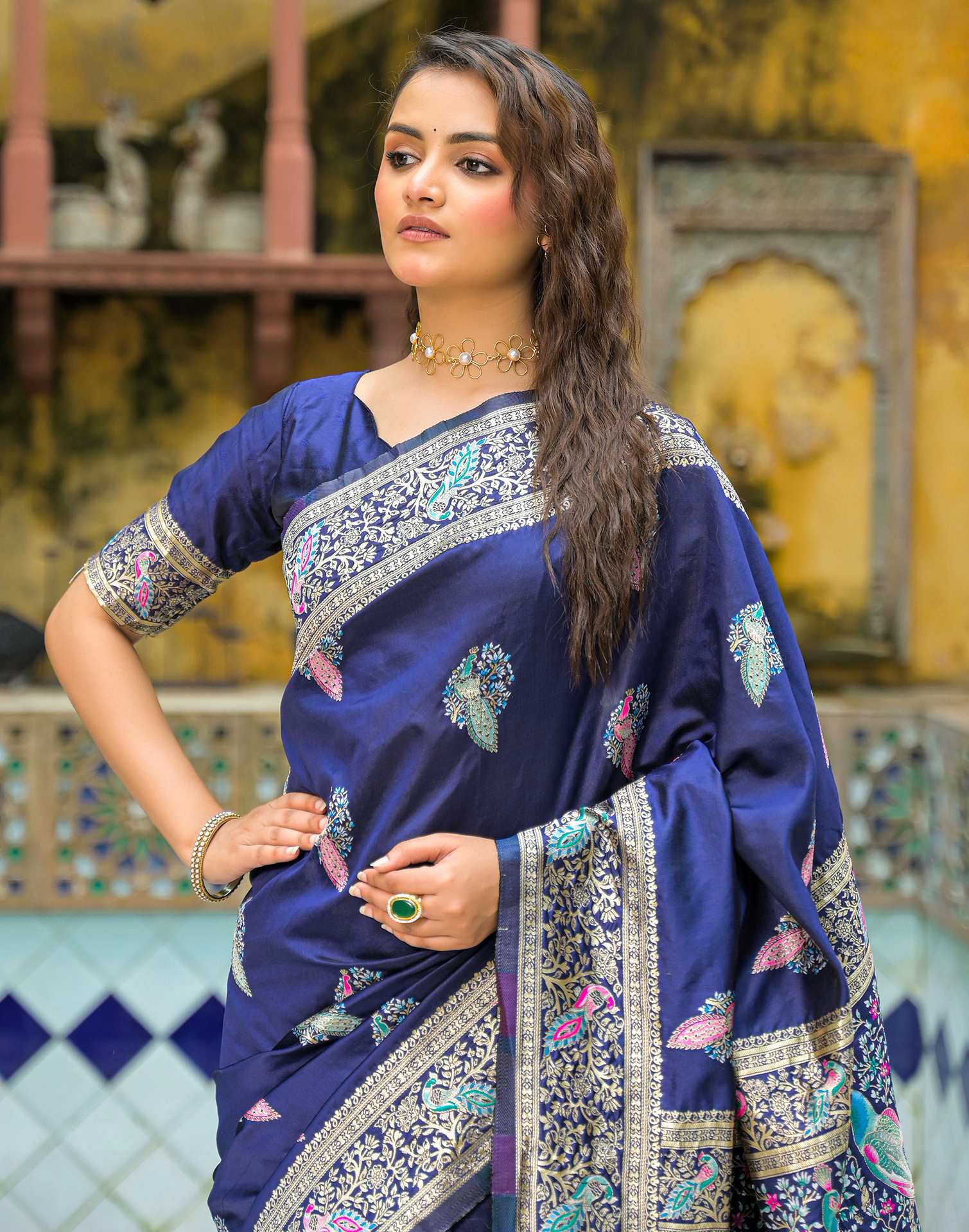 navy Mor Silk Woven Banarasi Saree