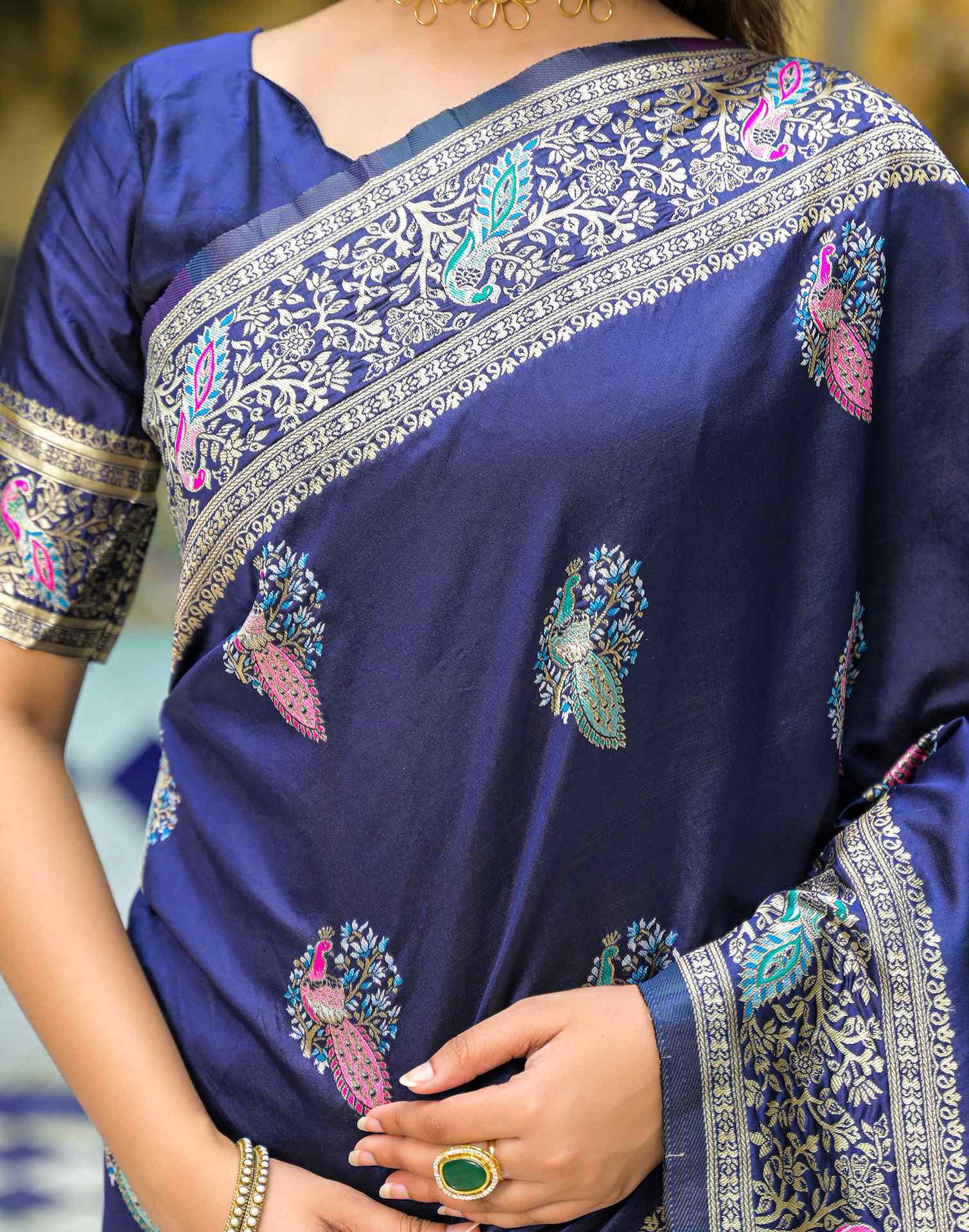 navy Mor Silk Woven Banarasi Saree