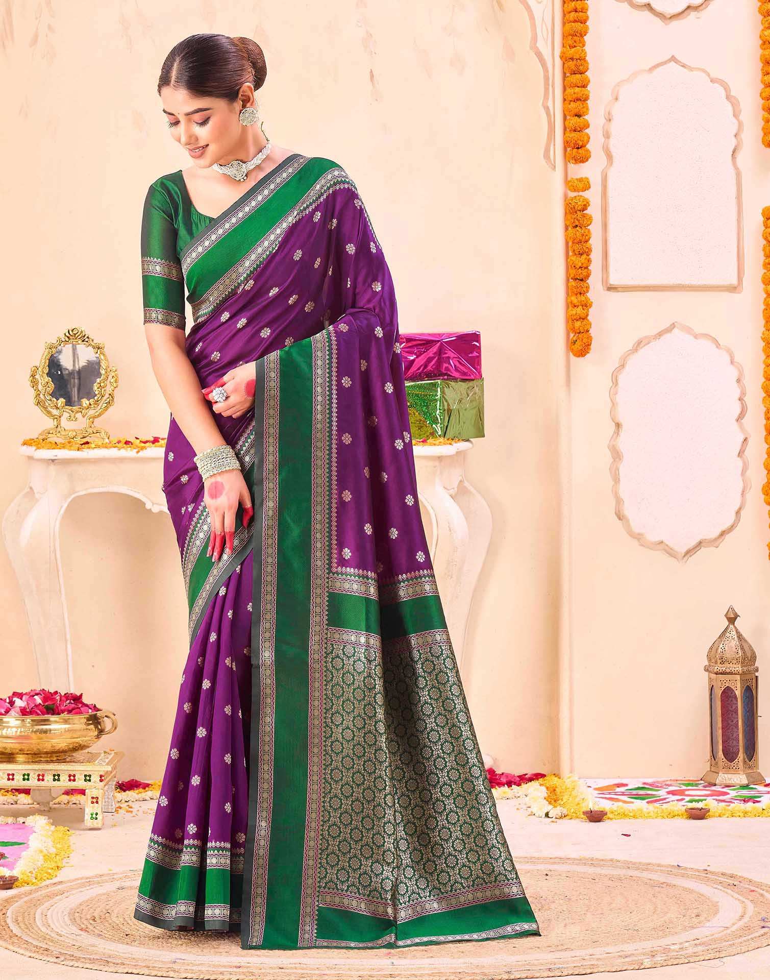 Purple Silk Floral dot Woven Banarasi Saree