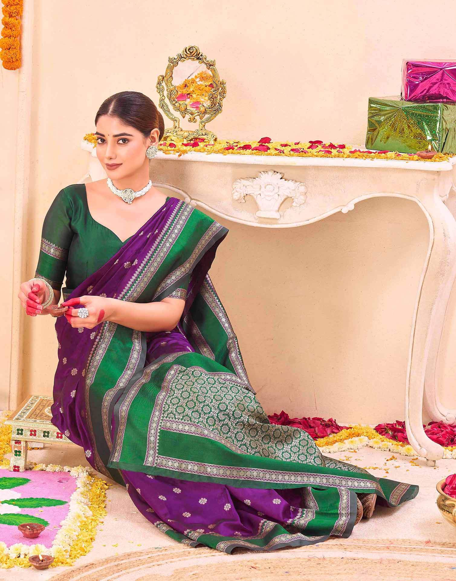 Purple Silk Floral dot Woven Banarasi Saree