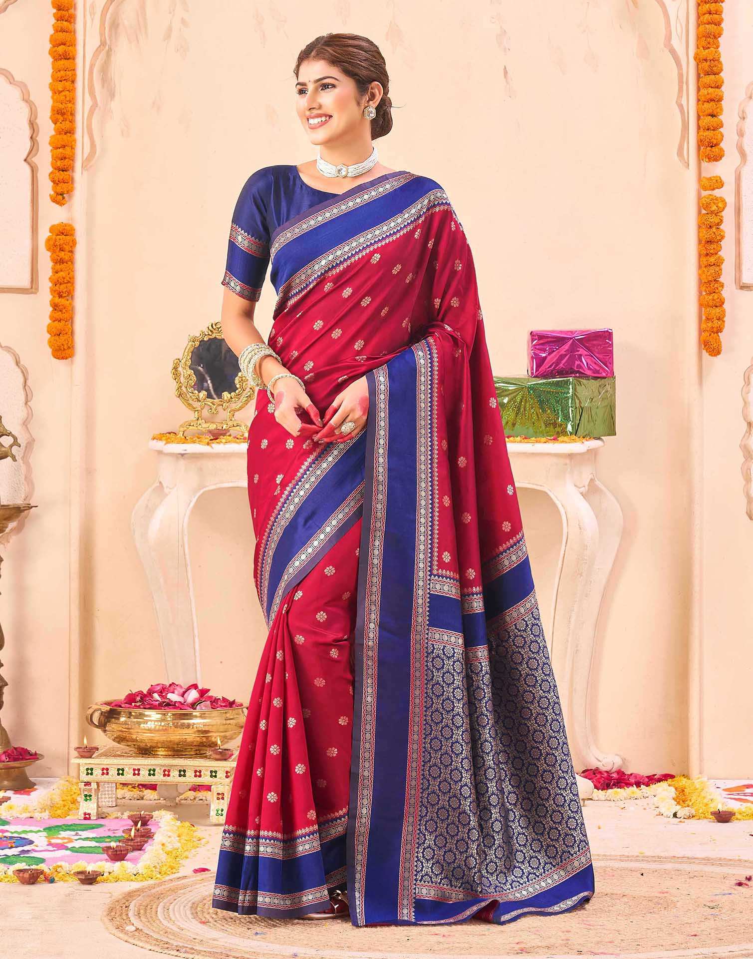 Red Silk Floral dot Woven Banarasi Saree