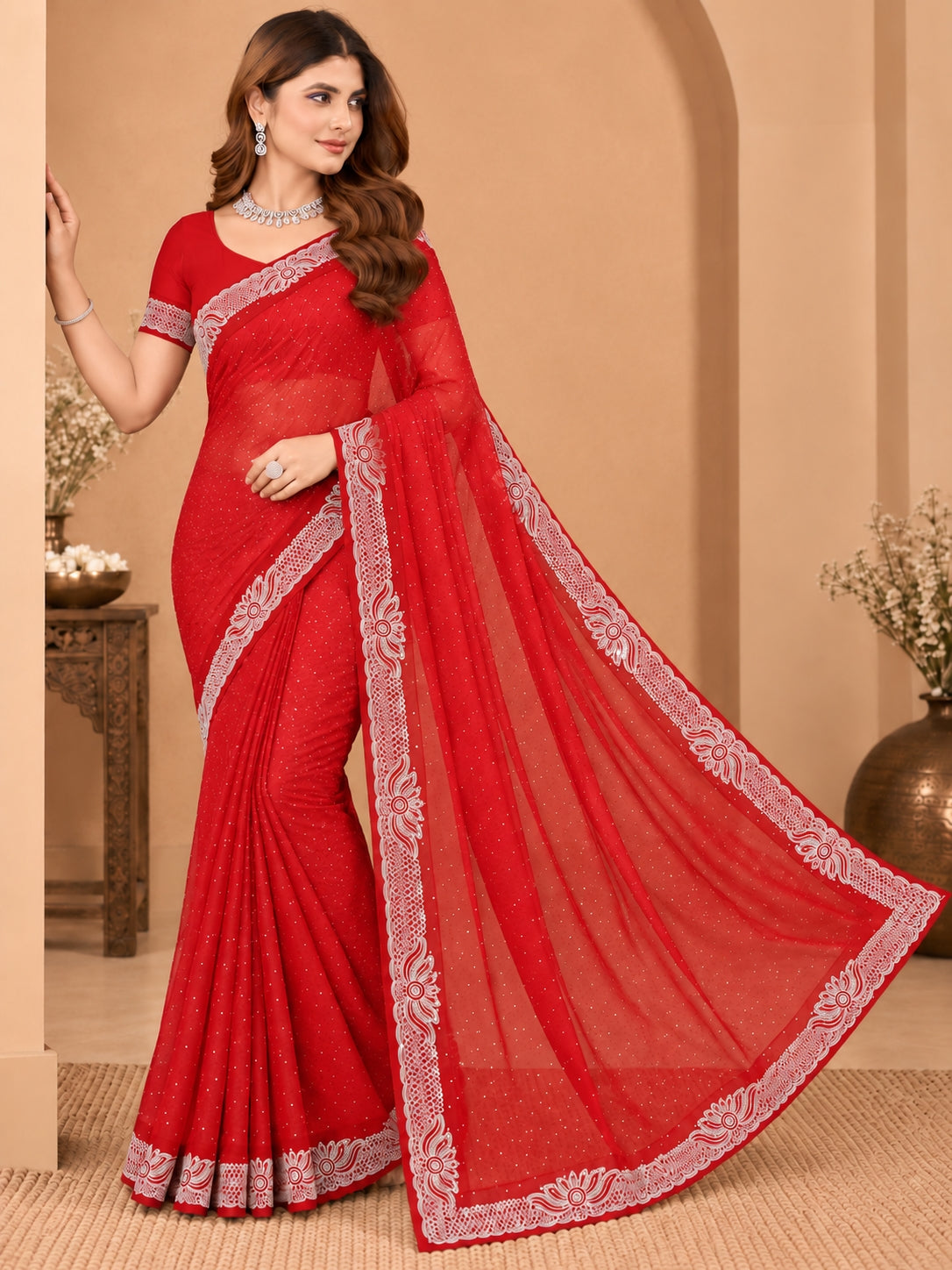 Women's Red Stone Work Saree with Floral Lace Border