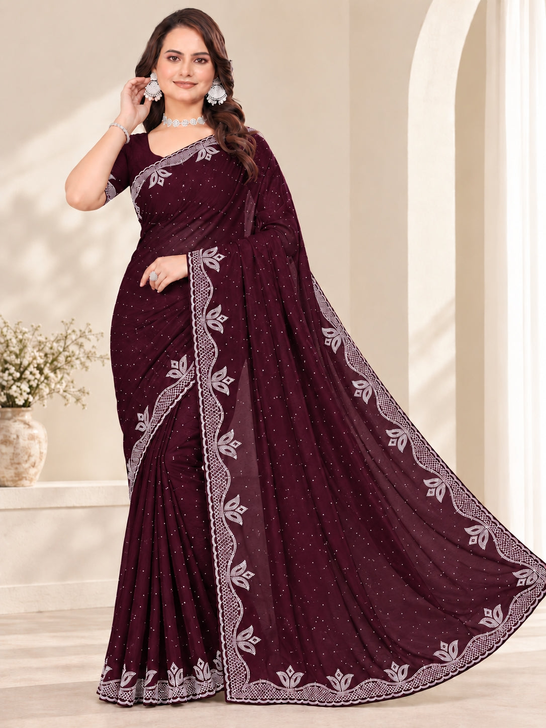 Purple Stone Work Georgette Saree with Embroidered Lace Border