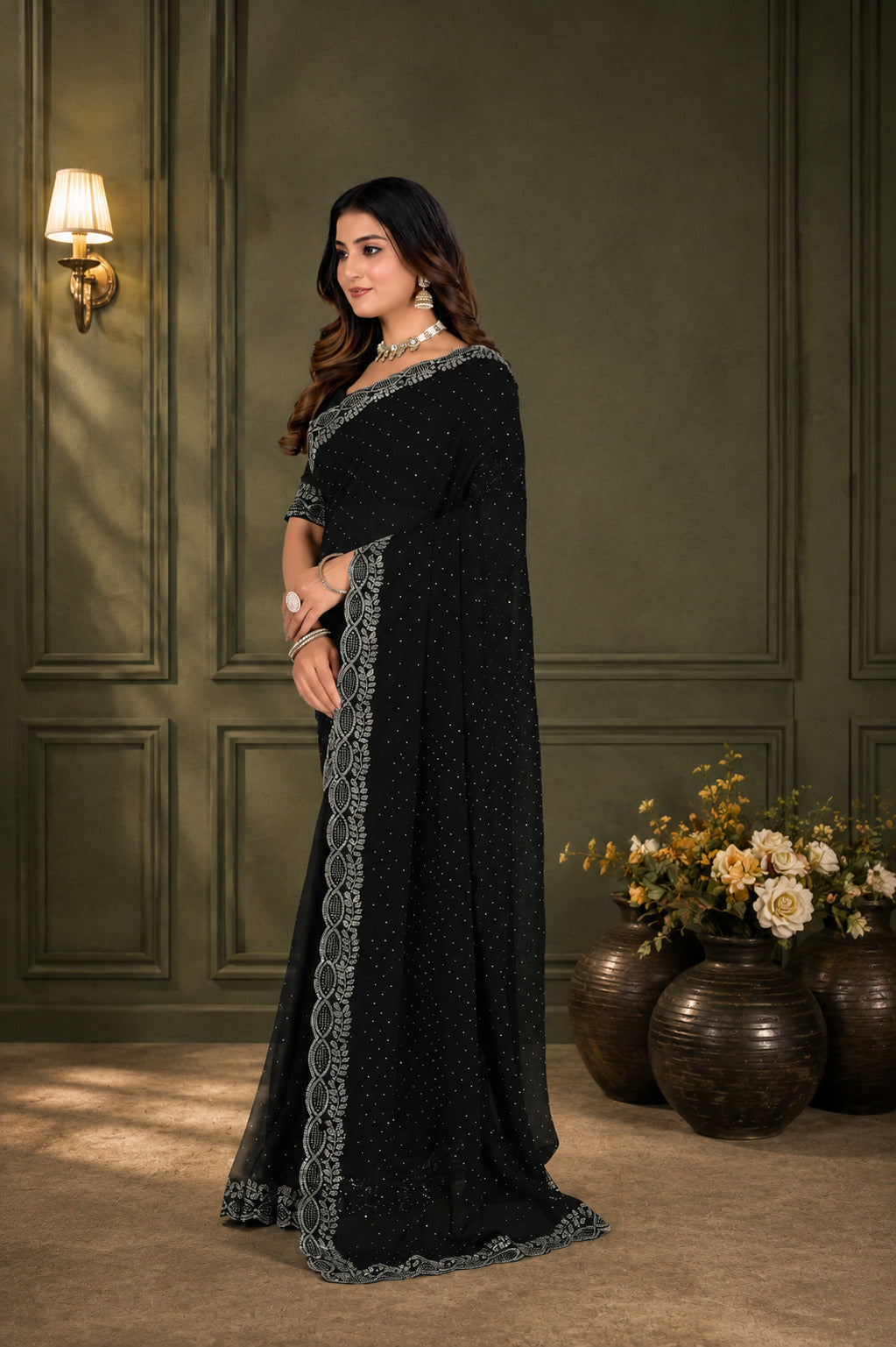 Black Hotfix Stone Work Saree with Designer Stone Border