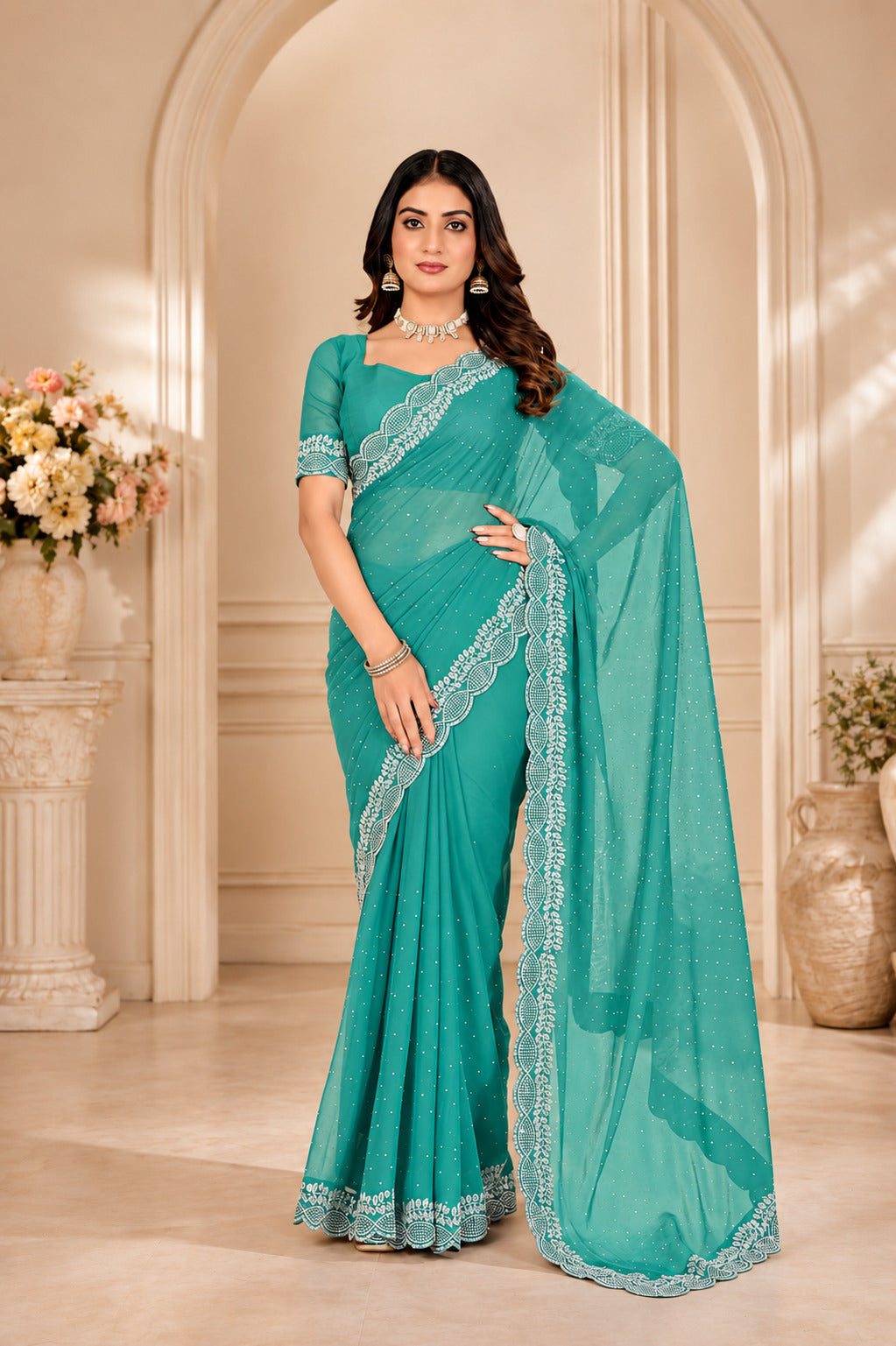 Sea Green Stone Work Georgette Saree with Embroidered Lace Border