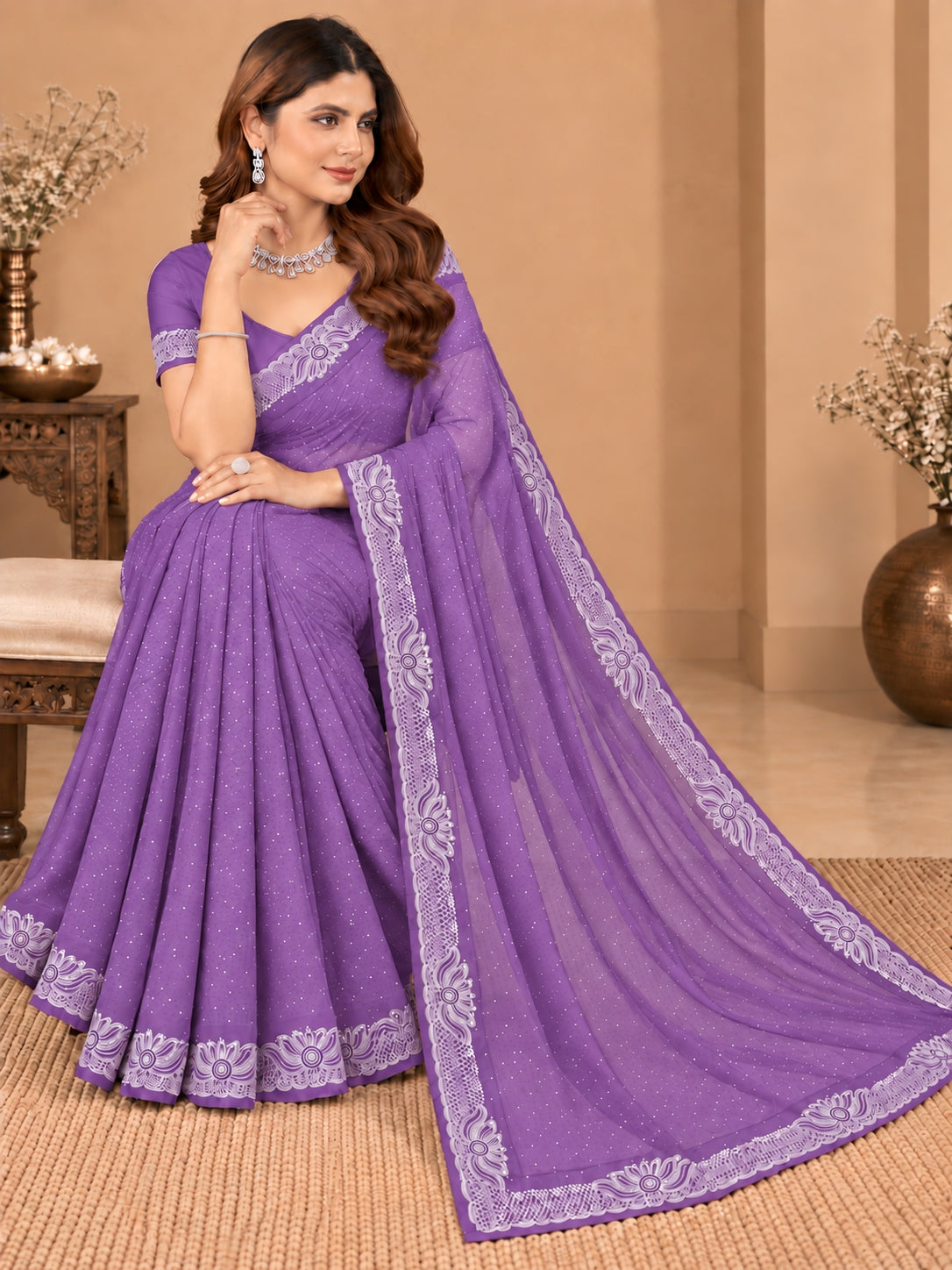 Women's Lavender Stone Work Saree with Floral Lace Border