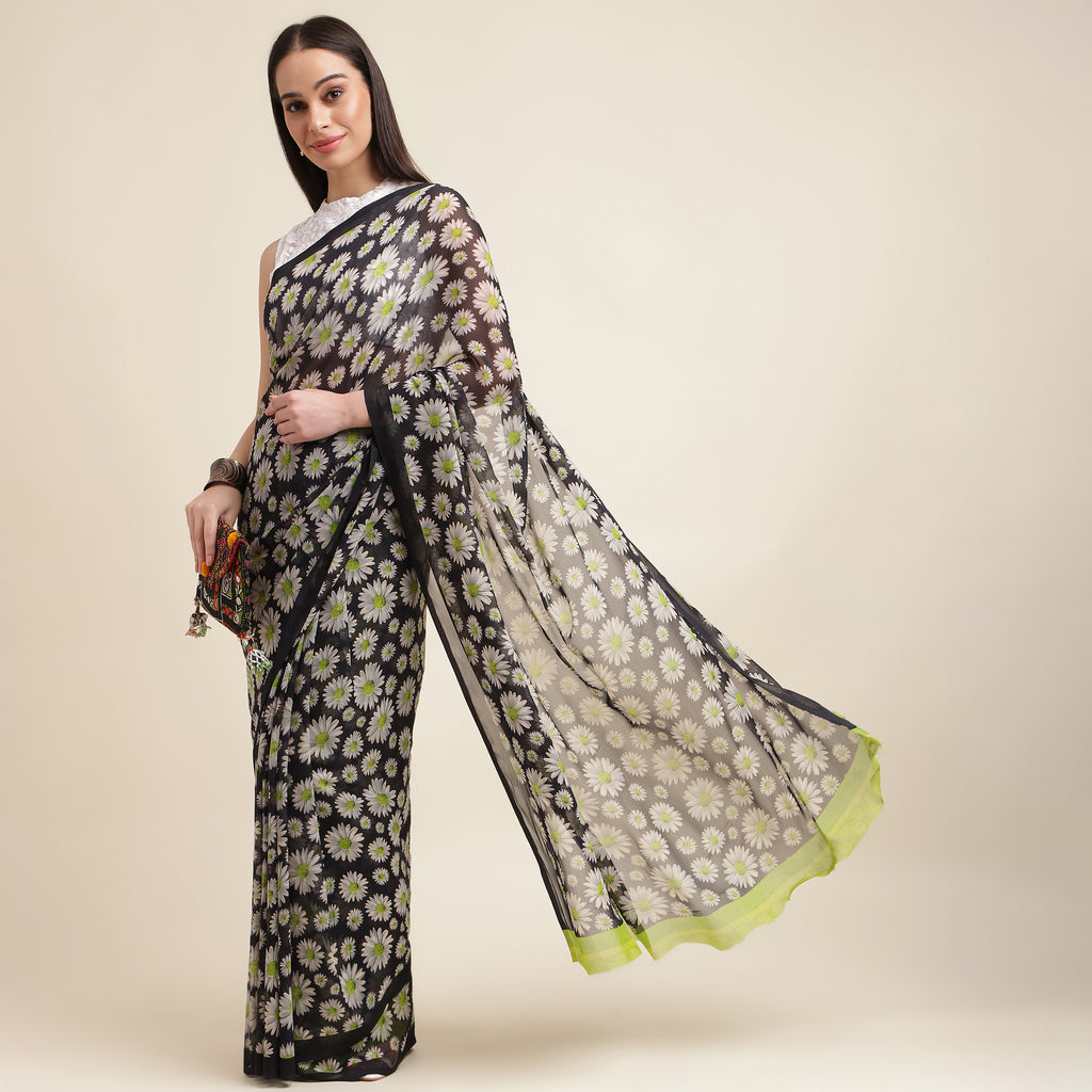 Georgette print Saree With Cotton Lace