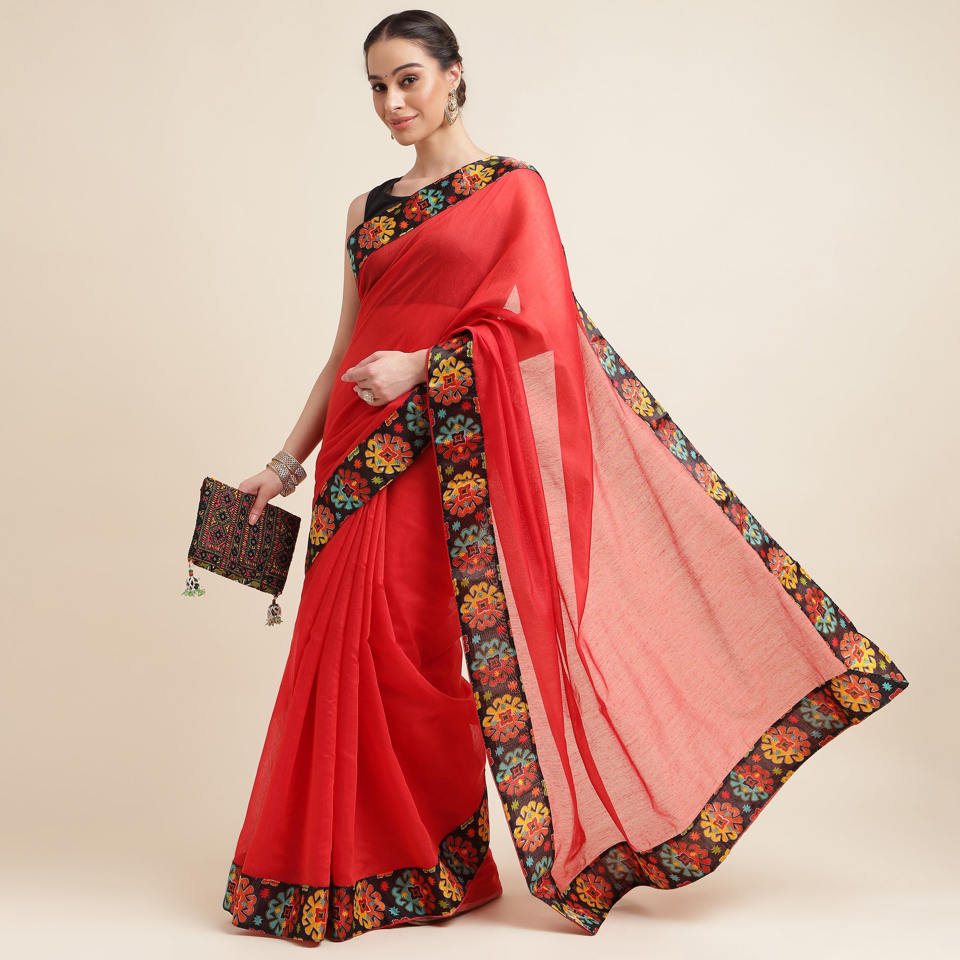 Chanderi Cottton Red Lace border Saree With blouse