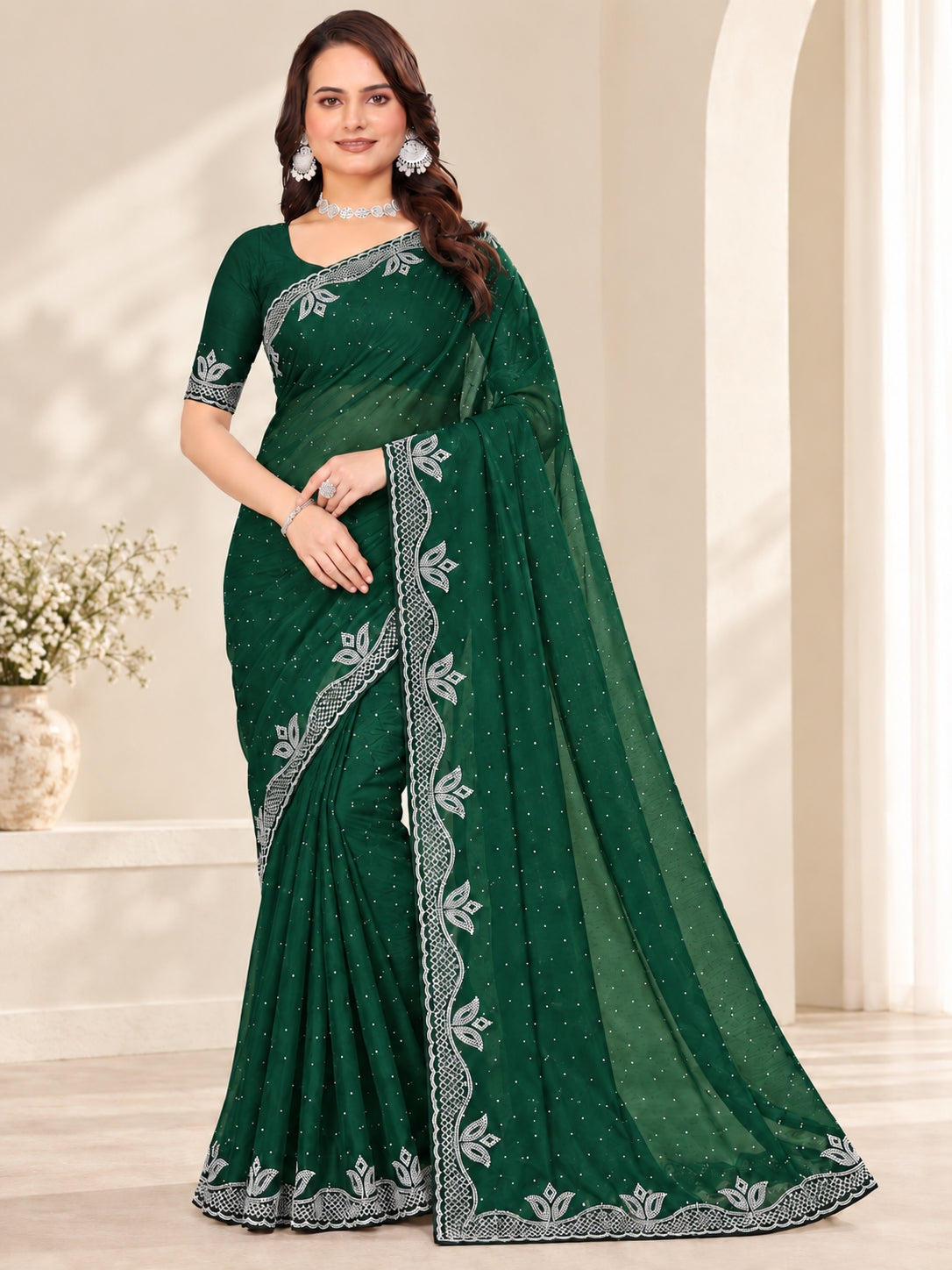 Green Stone Work Georgette Saree with Embroidered Lace Border