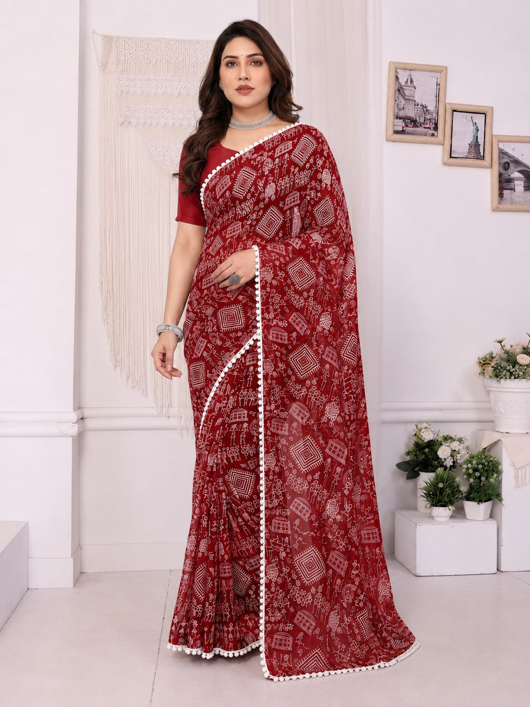 Red Tribal Print Saree with White Pom-Pom Lace Border