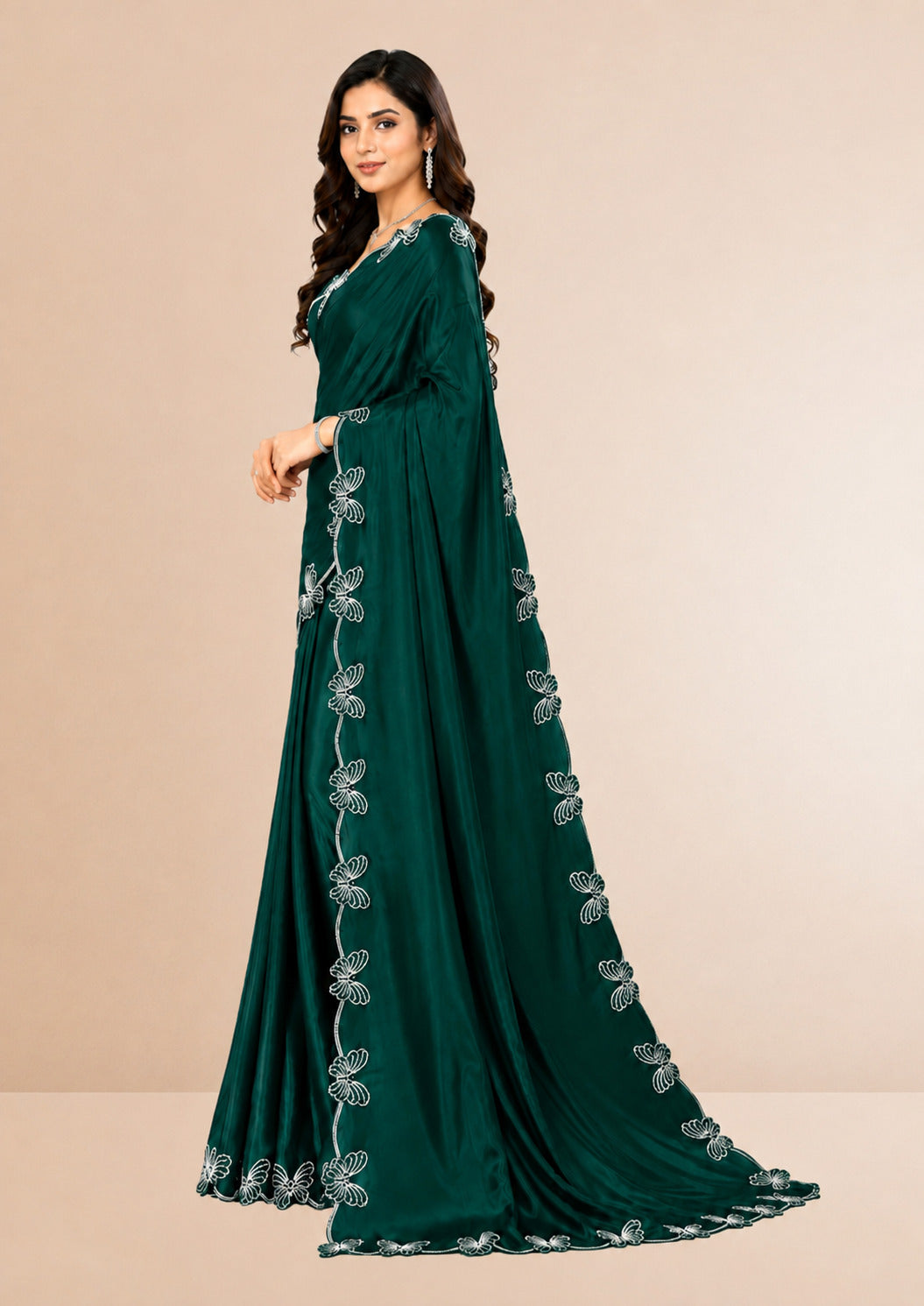 Green Butterfly Swarovski Stone Work Saree