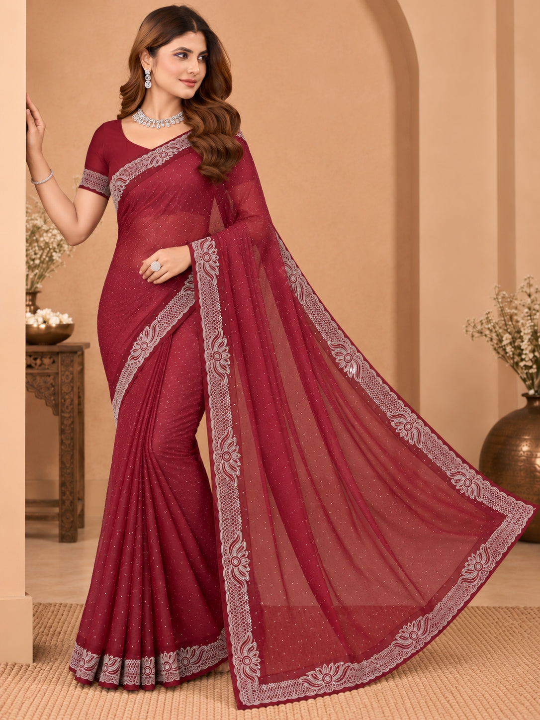 Women's Maroon Hotfix Stone Work Saree with Floral Lace Border