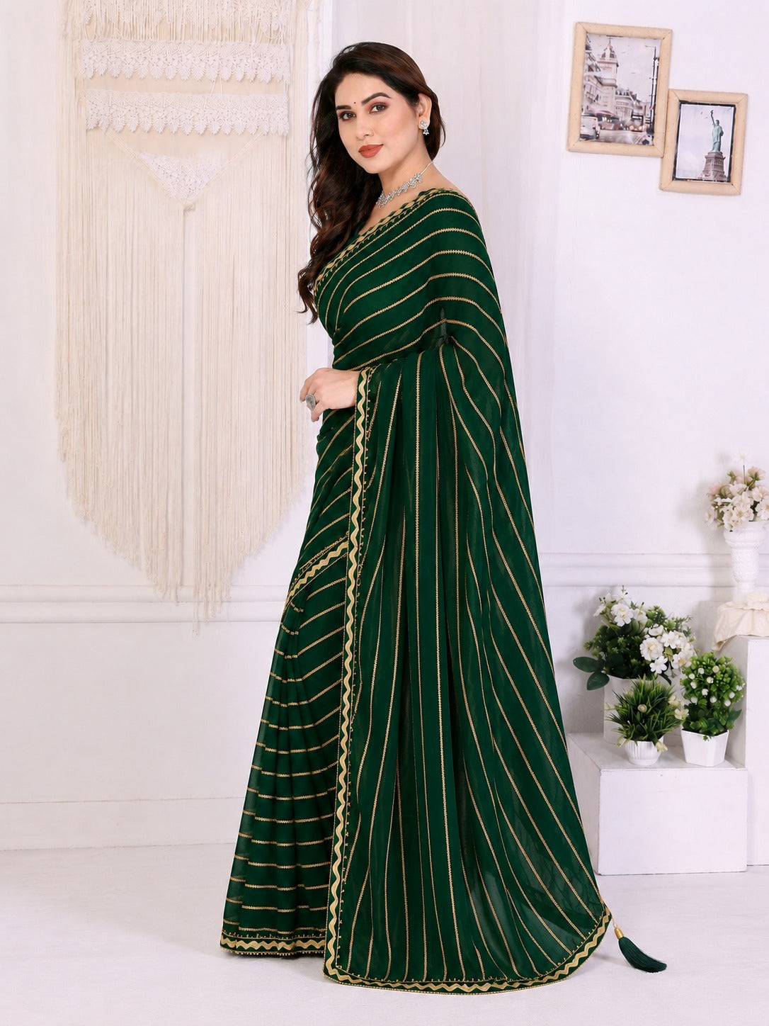 Green Saree with Golden Stripe Design