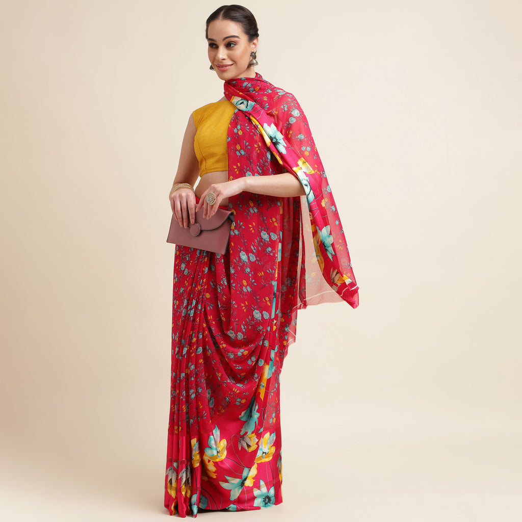 Red Printed Georgette Saree