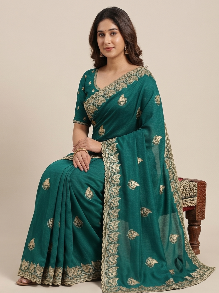 Zegoom Teal Satin Silk Saree with Gold Paisley Embroidery