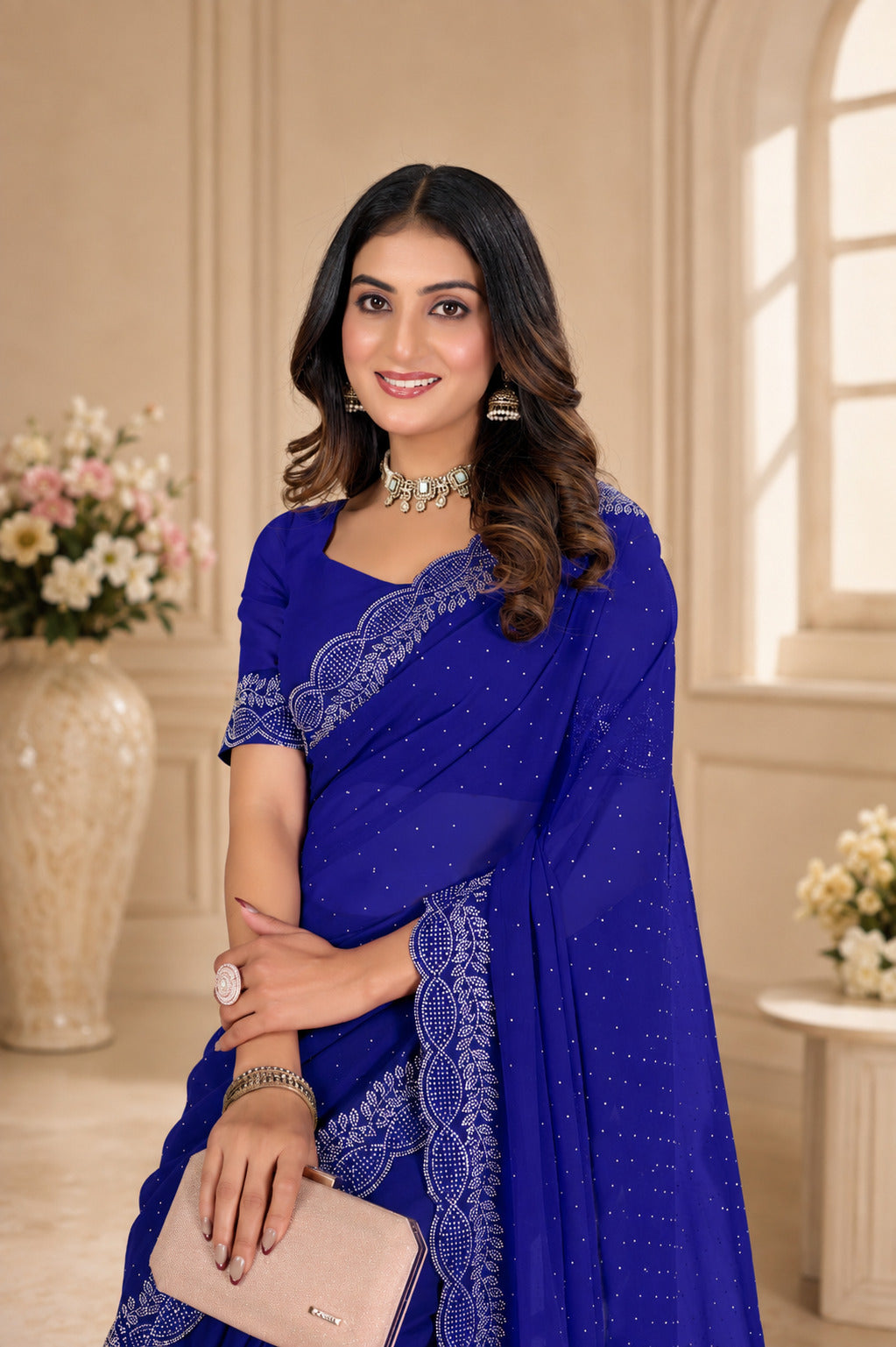 Royal Blue Stone Work Saree with Designer Stone Border