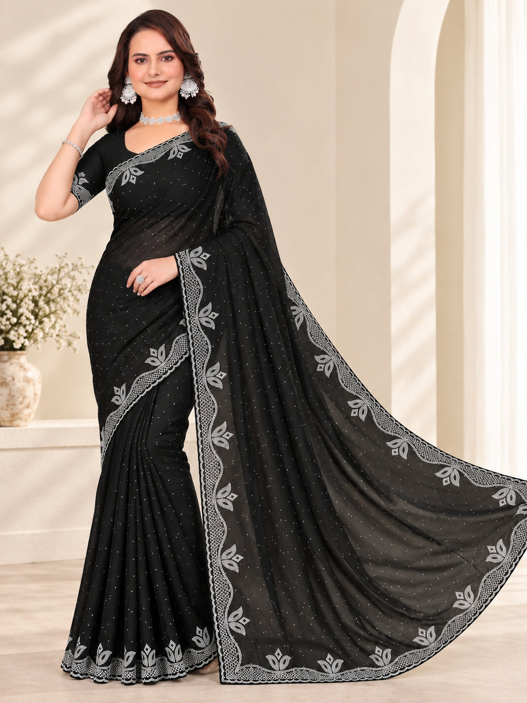 Black Georgette Saree with Embroidered Lace Border