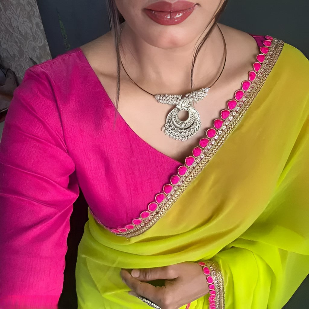 Women's Solid Plain Green And Pink Georgette Saree With Blouse and Fancy Lace Saree with Tussles Work, Unstitched Blouse