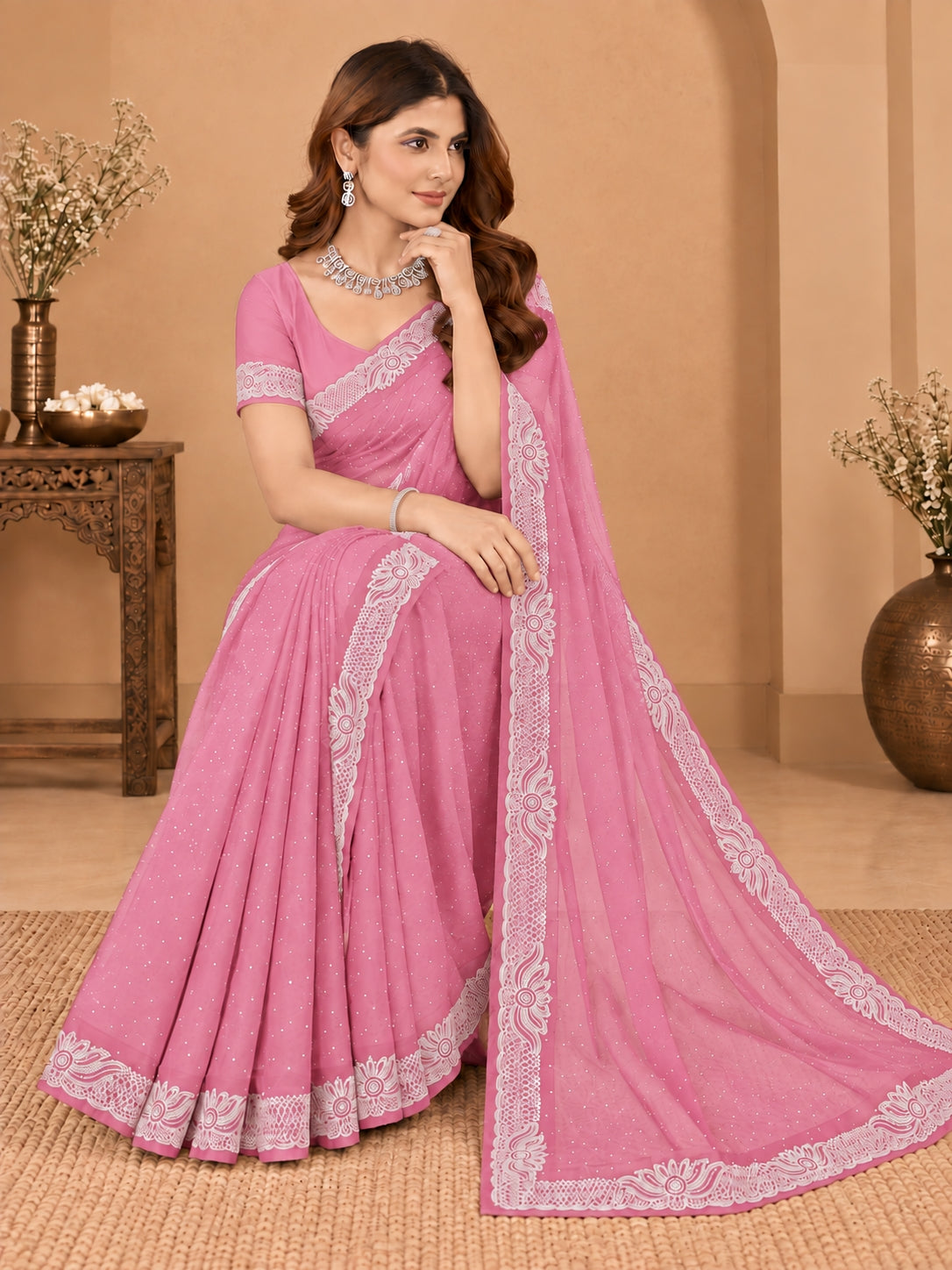 Women's  Baby Pink Stone Work Saree with Floral Lace Border